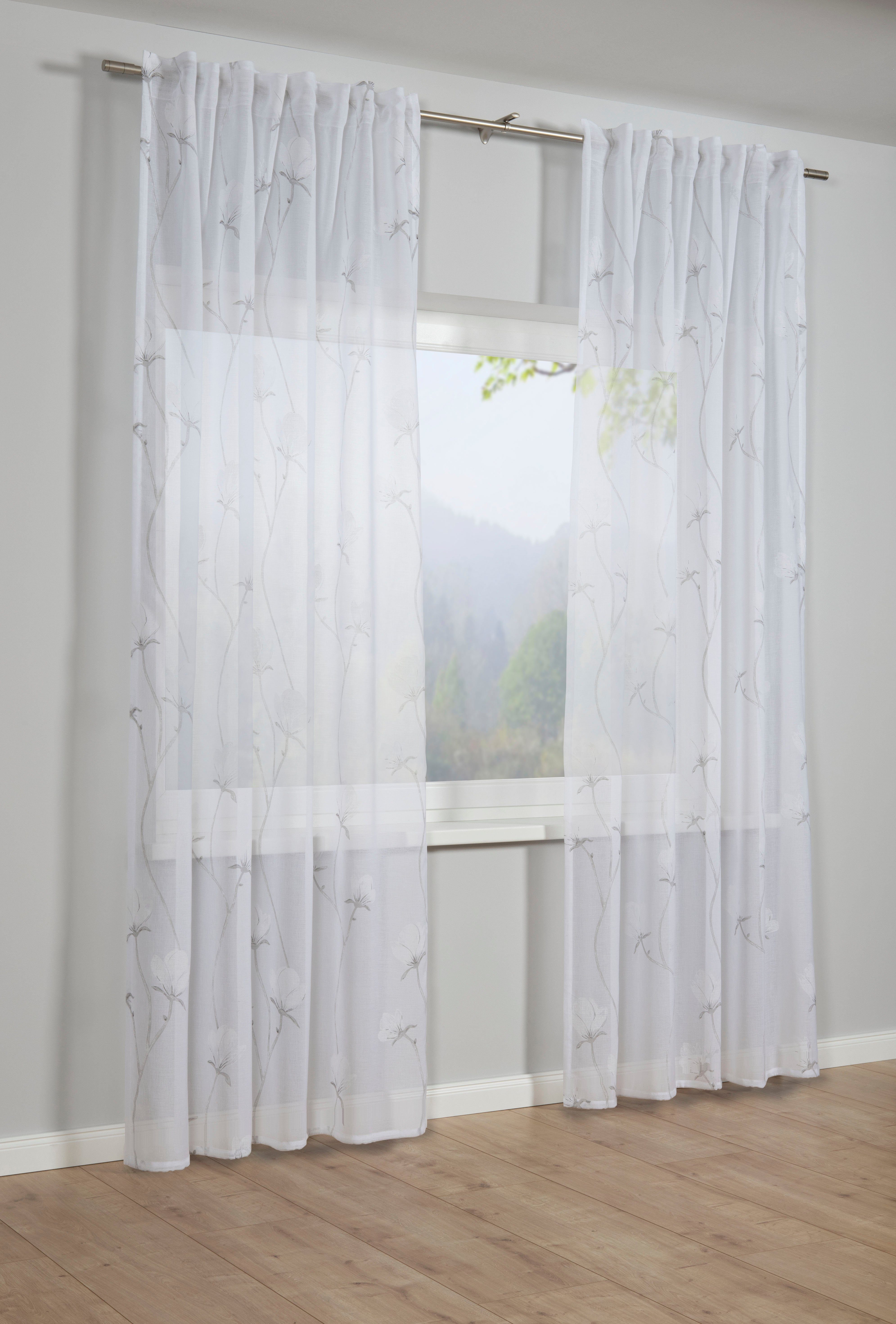 GARDINIA Gardine Schal mit Gardinenband Snowvoile mit Blütendruck (1 St), verdeckte Schlaufen, transparent, Stoff Snowvoile mit Blütendruck