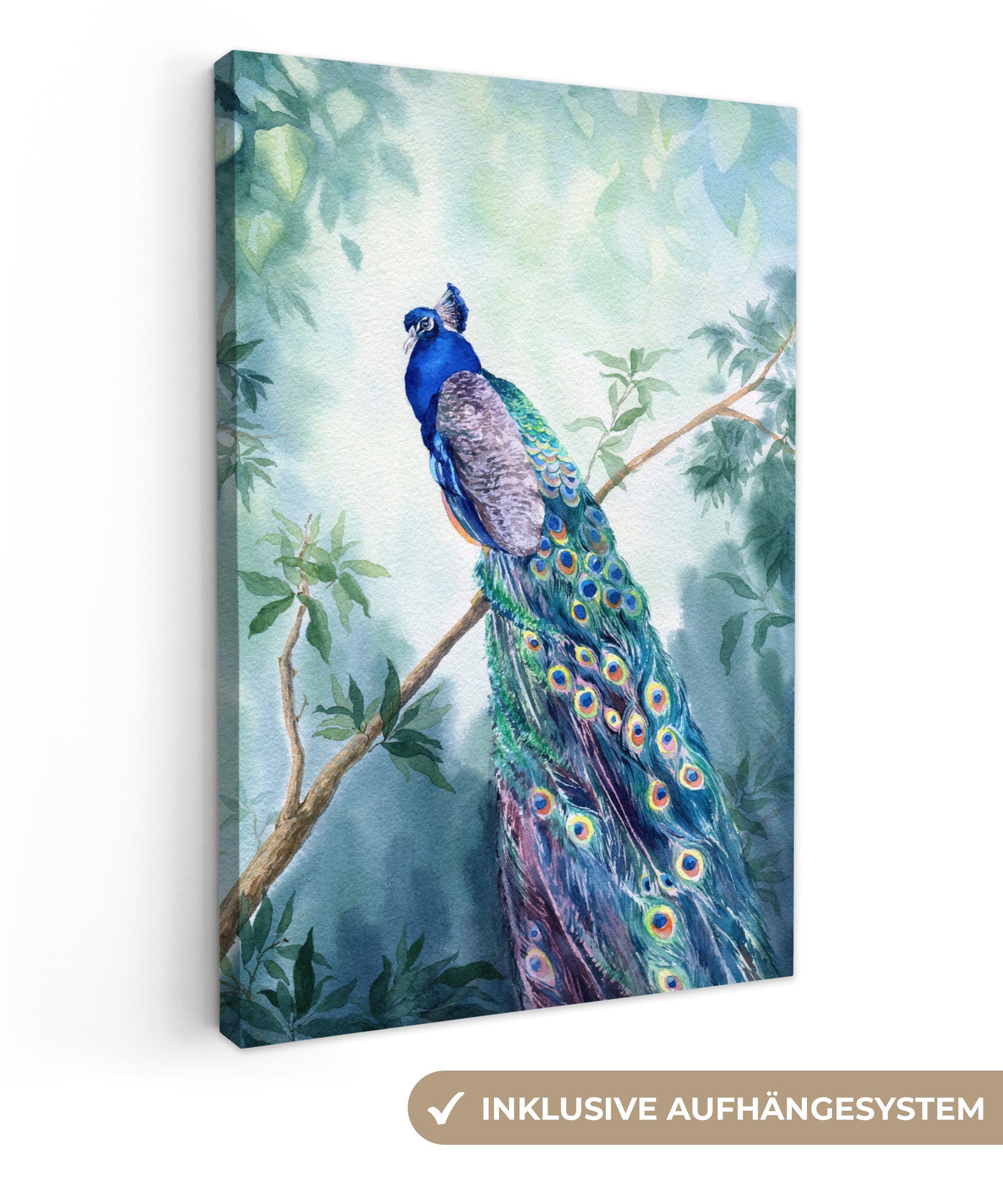 OneMillionCanvasses® Leinwandbild Pfau - Pfauenfedern - Grün - Tiere, Fotodruck (1 St), Leinwand Canvas Wandbild, Wanddekoration 20x30 cm