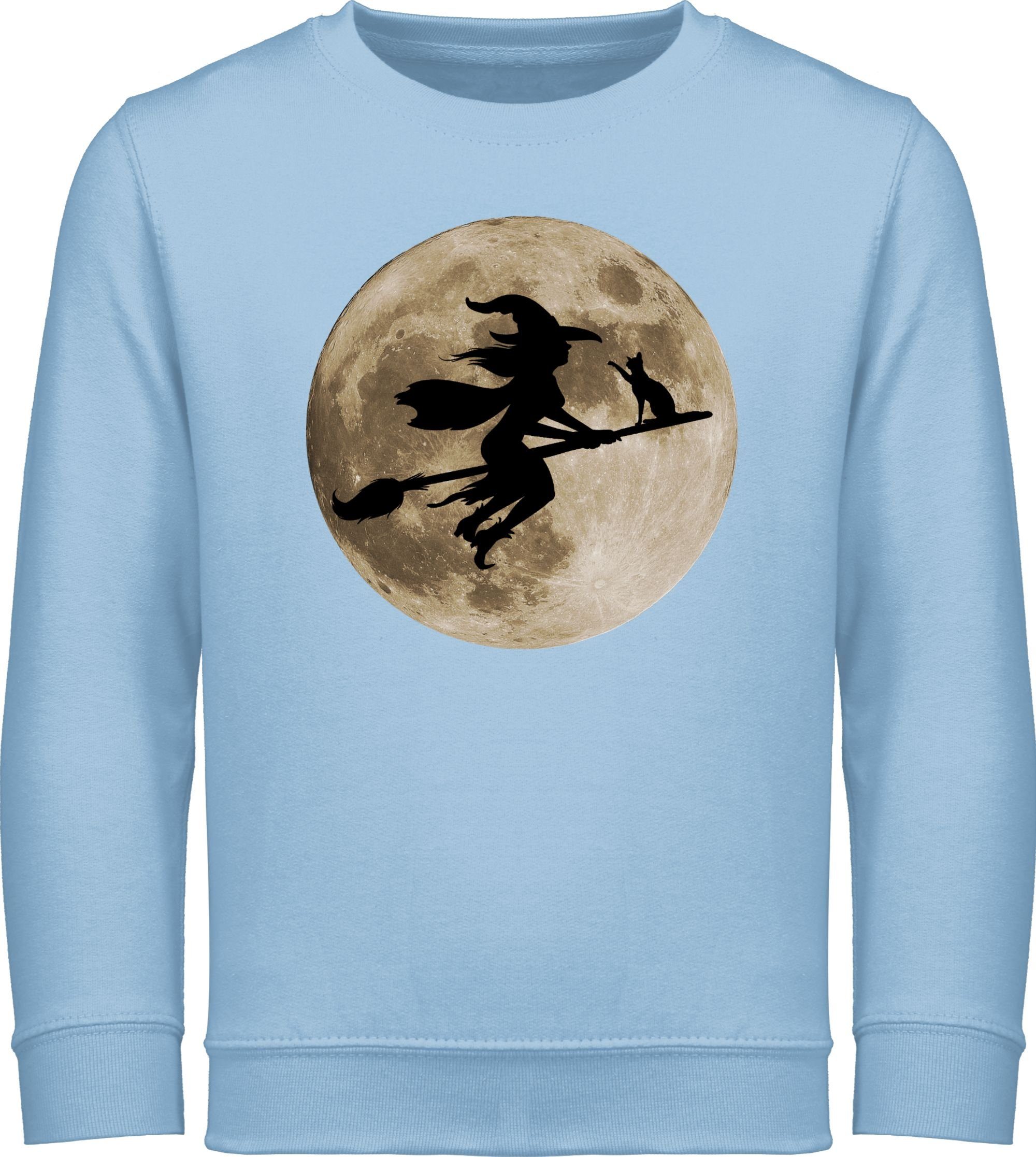 Shirtracer Sweatshirt Hexe Halloween Hexen auf Besen Vollmond Katze Witch Mond Halloween Kostüme für Kinder 3 Hellblau