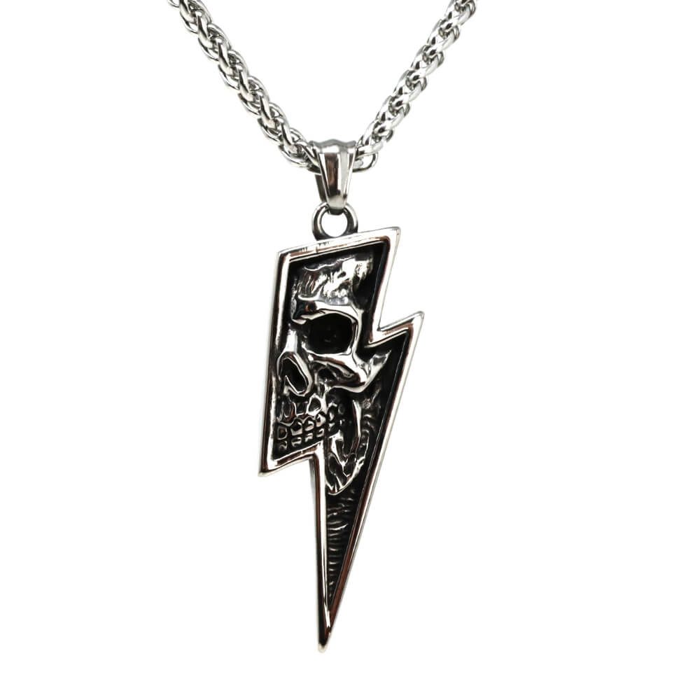 Kette mit Anhänger Lederkette Edelstahlkette 316L TOTENKOPF BLITZ