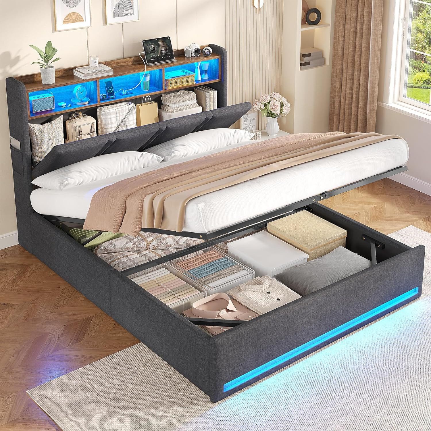 MSMASK Polsterbett mit Hydraulischem Stauraum, LED-Beleuchtung & Steckdosen (Ohne Matratze), Doppelbett, Jugendbett 140x200cm
