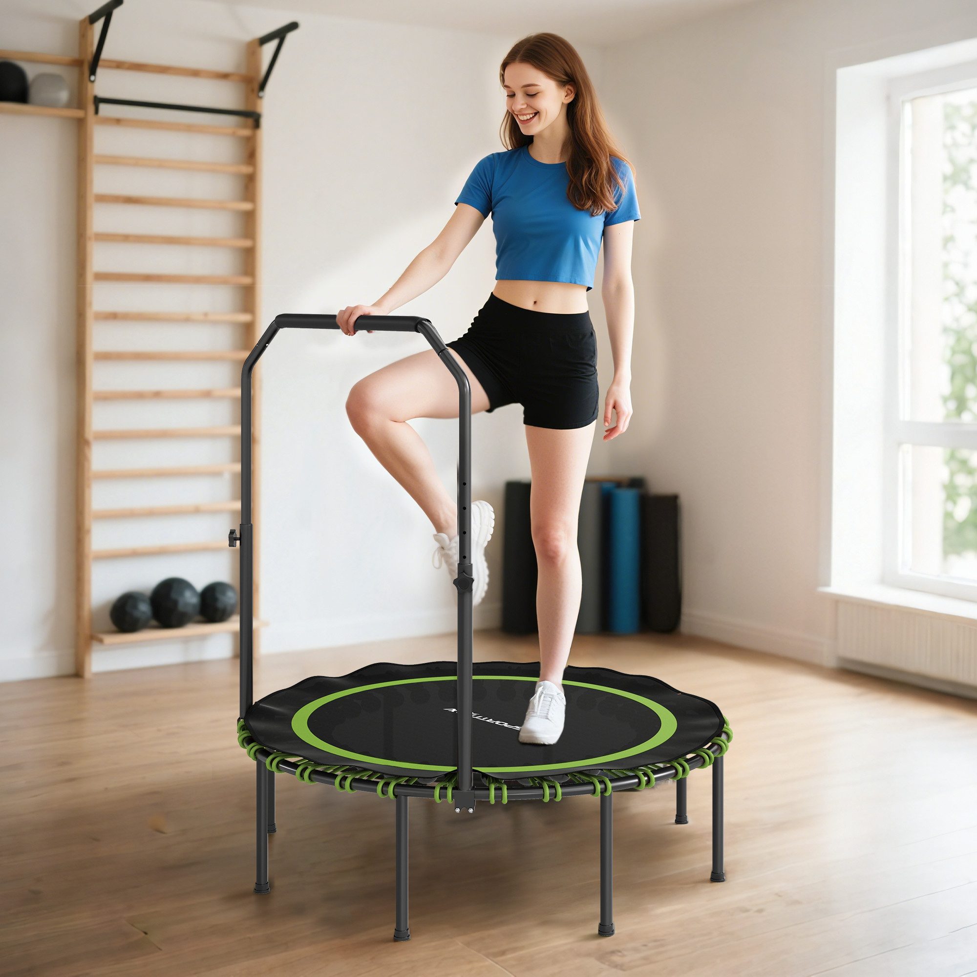 SPORTNOW Fitnesstrampolin mit verstellbarem Handlauf, Ø 114 cm, (Sport-Trampolin, 1 tlg., Fitness-Trampolin), Stahl, Kunststoff, Grün