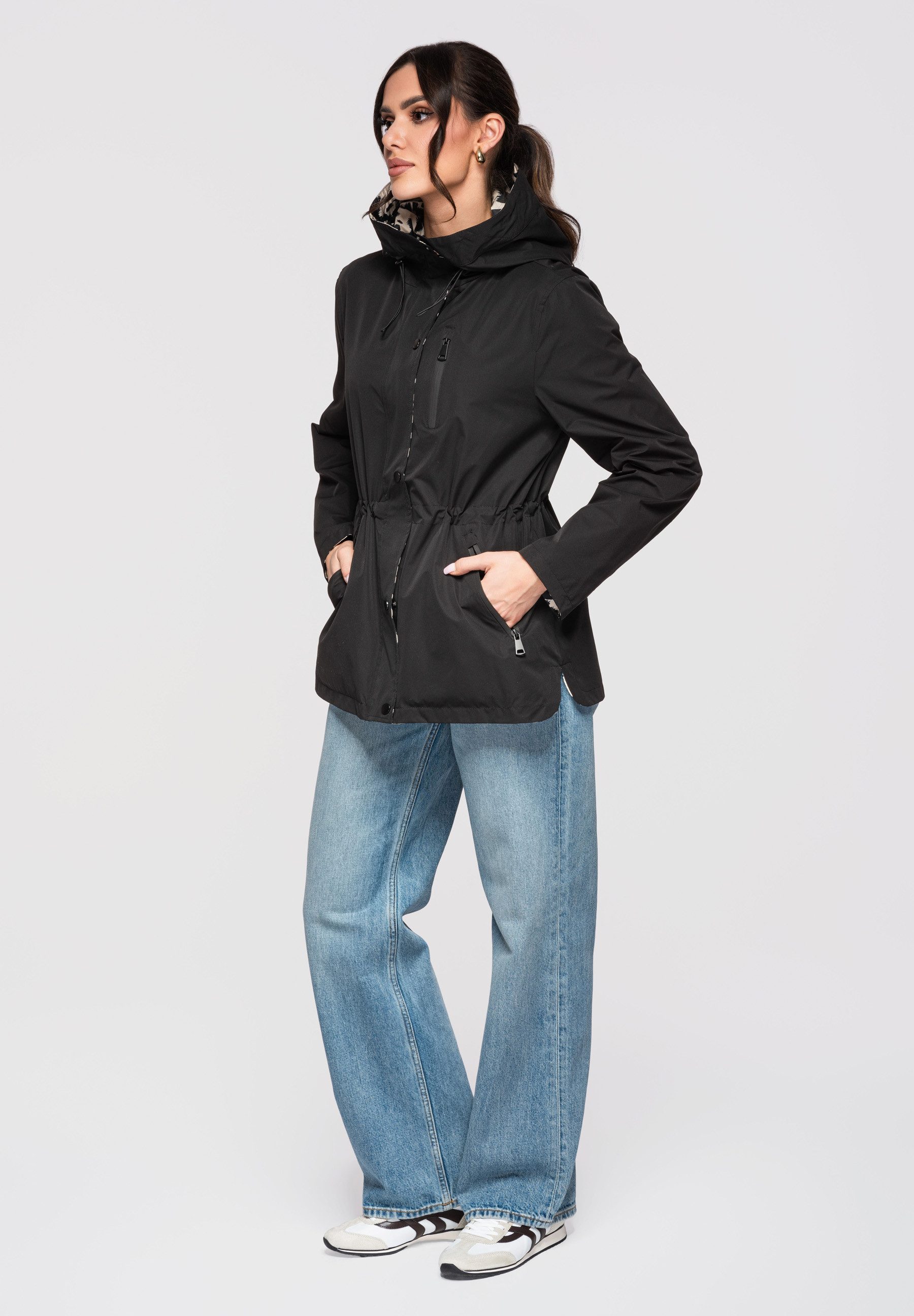 OMBRE Doppeljacke Wendbare Damen-Übergangsjacke mit Kapuze und Taillenregulierung