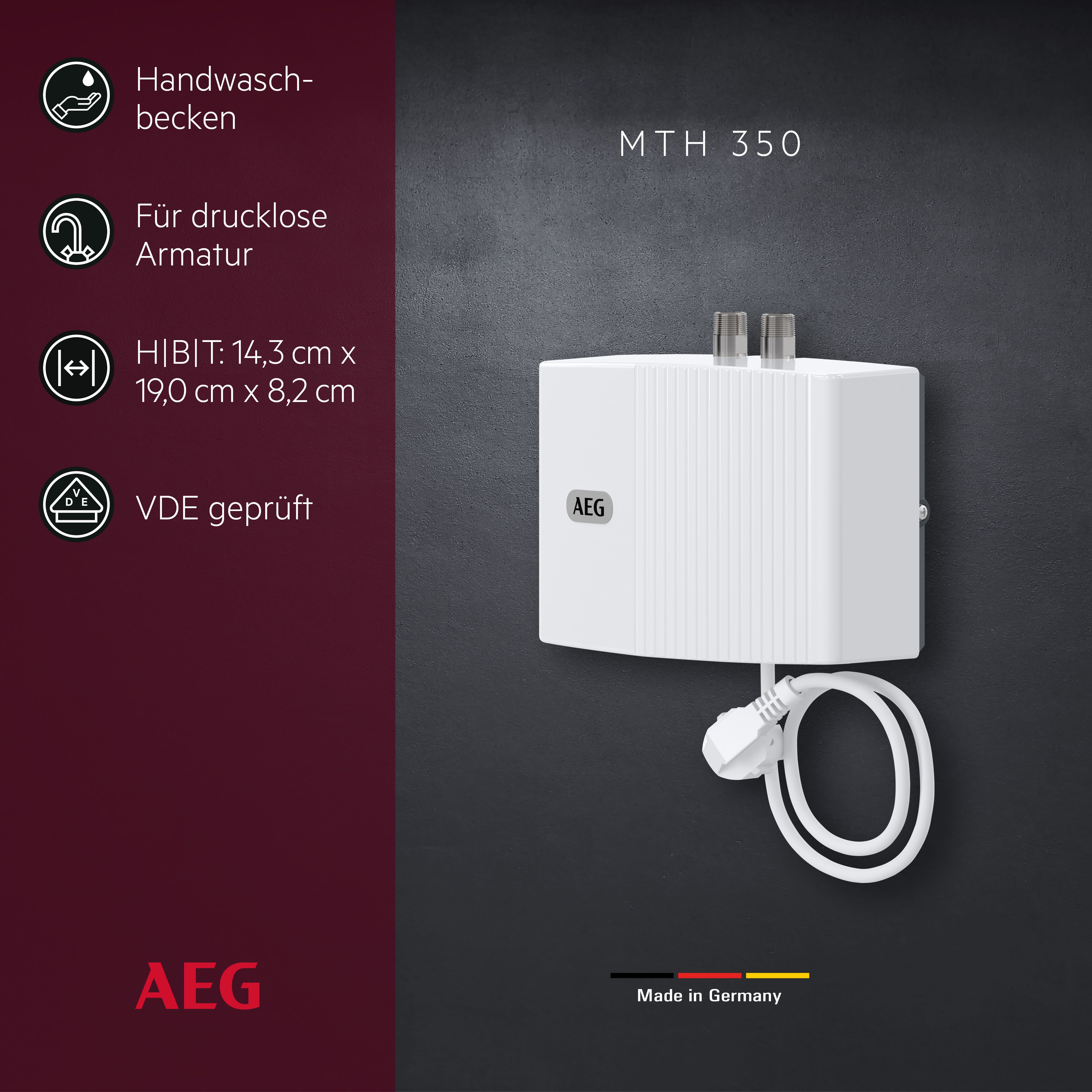 AEG Haustechnik Klein-Durchlauferhitzer MTH 350 f. Handwaschbecken, 3,5 kW, m. Stecker, hydraulisch, 230V, hydraulisch, drucklos