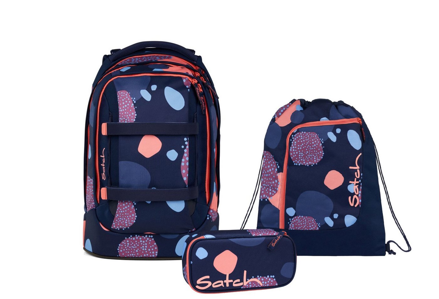 Satch Schulranzen Schulrucksack-Set PACK Coral Reef 3-teilig (3-teilig), ergonomisch, Your-Size-System: auf Körpergröße anpassbar
