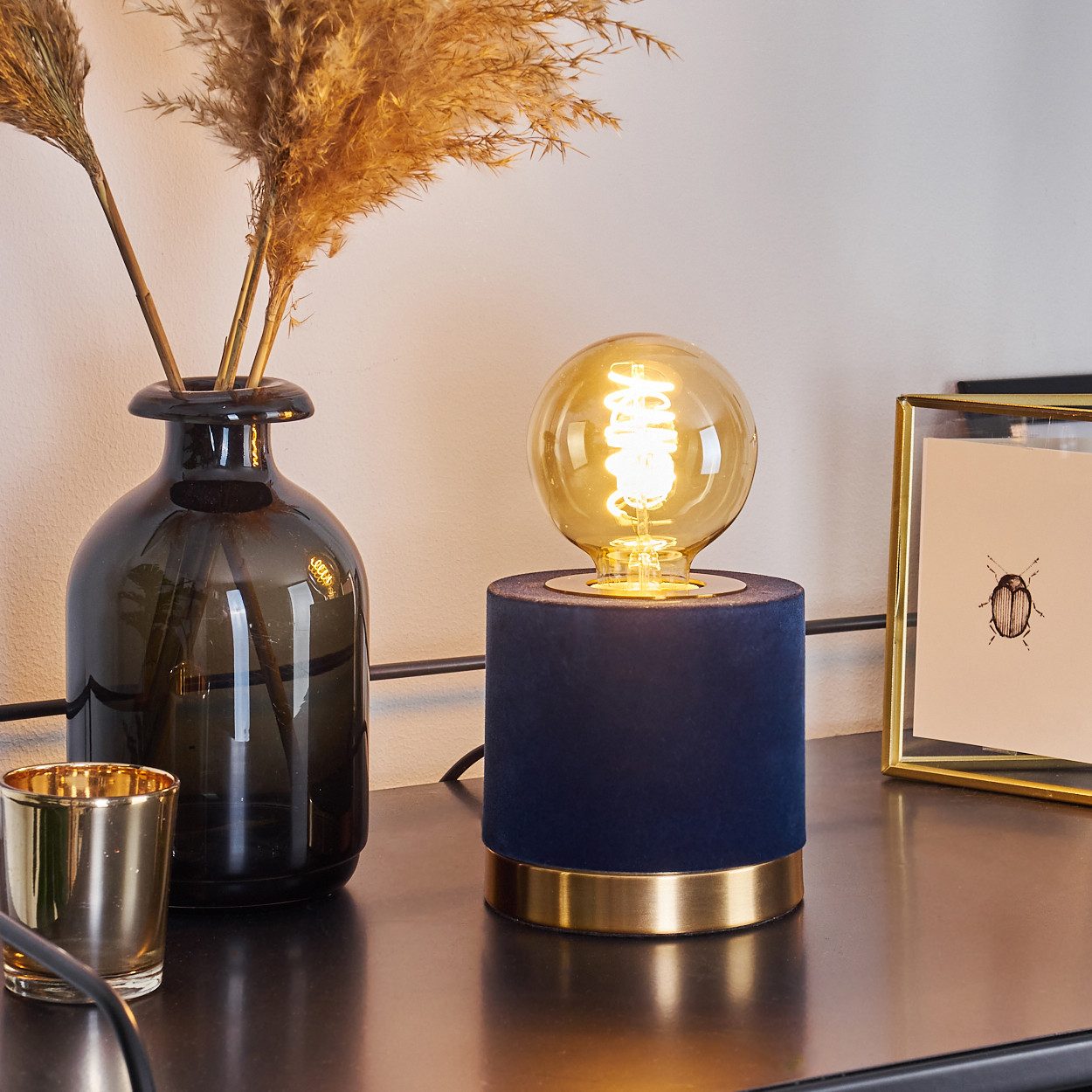 hofstein Tischleuchte Gold/Blau Samt Nacht Tisch günstig online kaufen