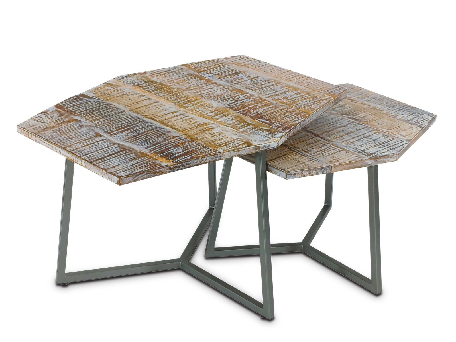 Casamia Couchtisch Couchtisch Massivholz Wohnzimmer Tisch Paris Metall-Gestell altsilber - weiß gekälkt