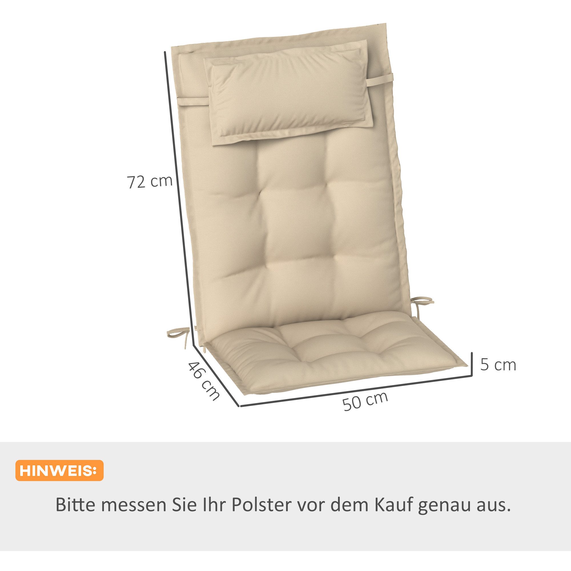 Outsunny Liegenauflage 2er Set, wasserabweisend Polsterauflage, (Auflage für Sonnenliege, 2 St., Polsterauflage), für Gartenmöbel Auflagen 50x116x5 cm, Beige