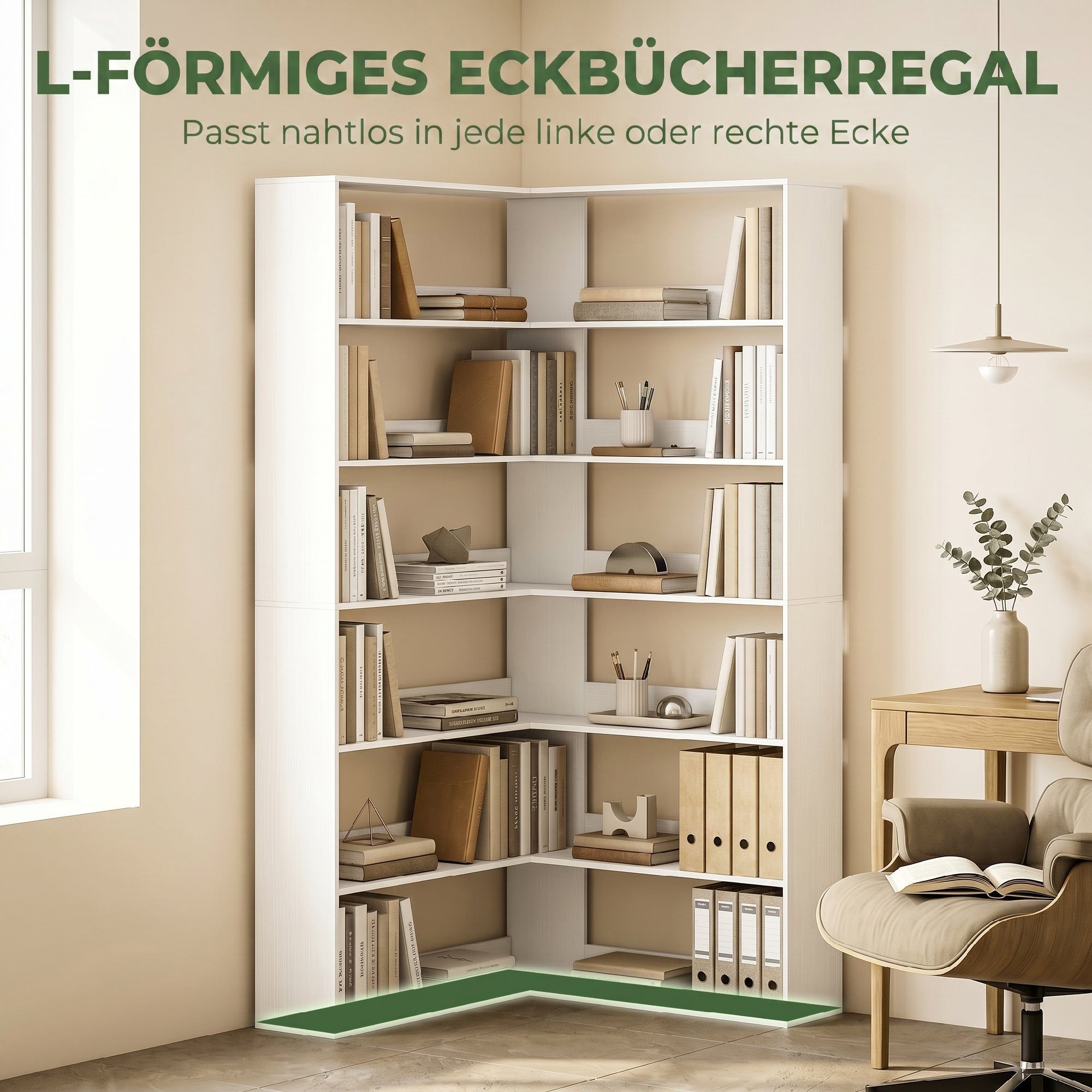 HOMCOM Bücherregal Eckregal L-förmiges Regal mit Holzoptik und Rückenschutz, Standregal 1-tlg., L-förmiges Eckregal mit 7 Ebenen, 7 cm hohe Rückwand, Kippschutz – Bild 4 von 5
