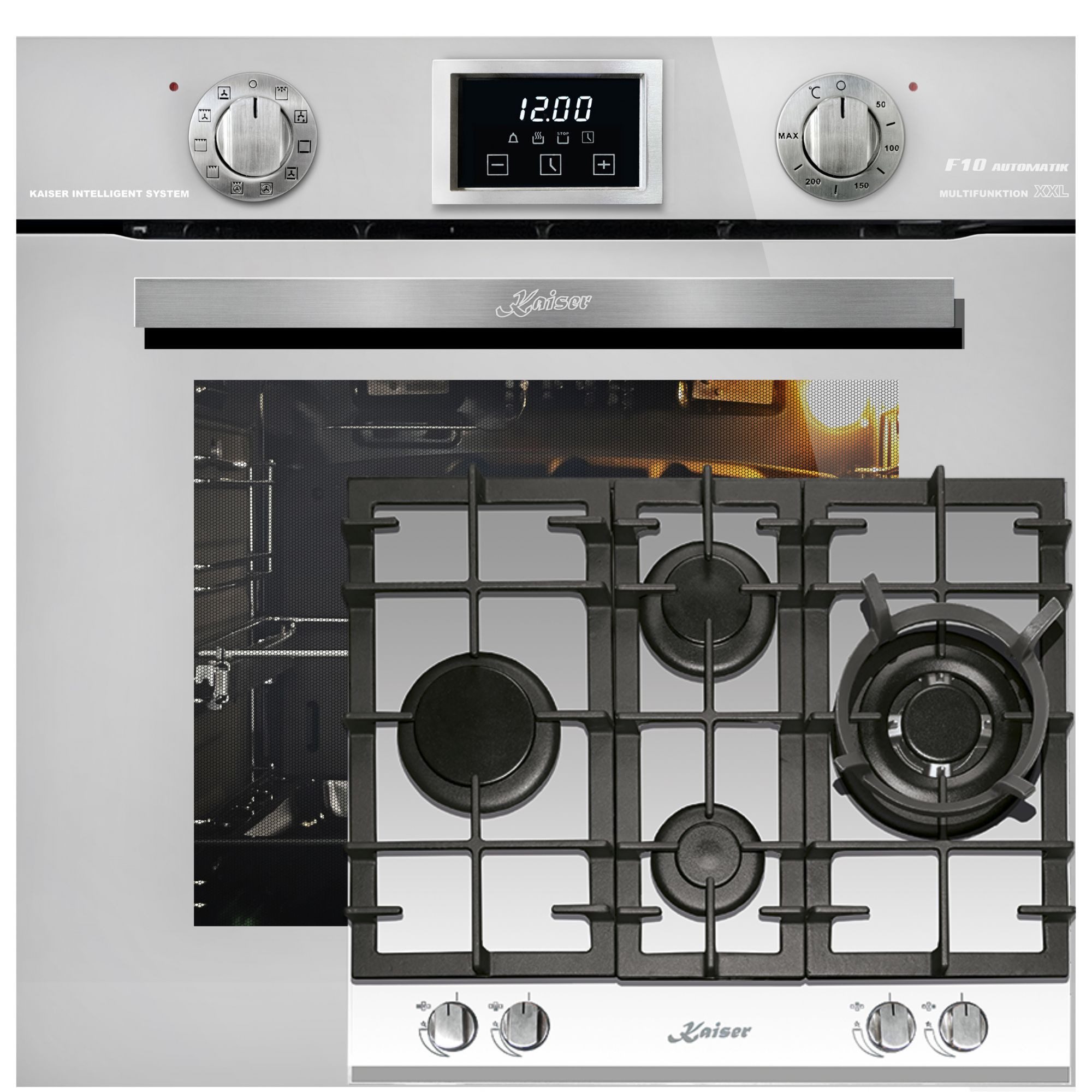Kaiser Küchengeräte Backofen-Set Herd set Autark Elektro Backofen, Autark, 79L mit 3,8 KW WOK, 60 cm, 4 flammig, Erdgas Propangas, Gasherd Autark EH 6326 W+KCG 6394 w.., mit 1-fach-Teleskopauszug