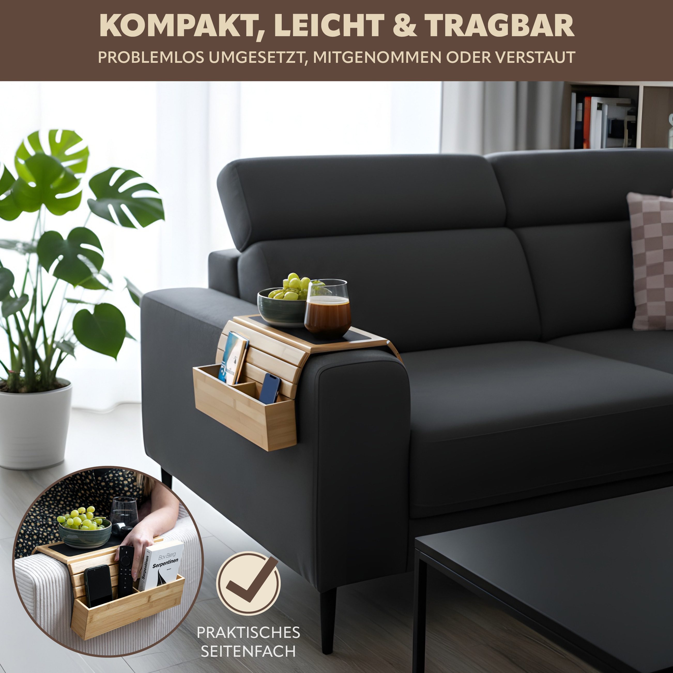 eluno Tabletttisch aus Bambus mit seitlichen Fächern
