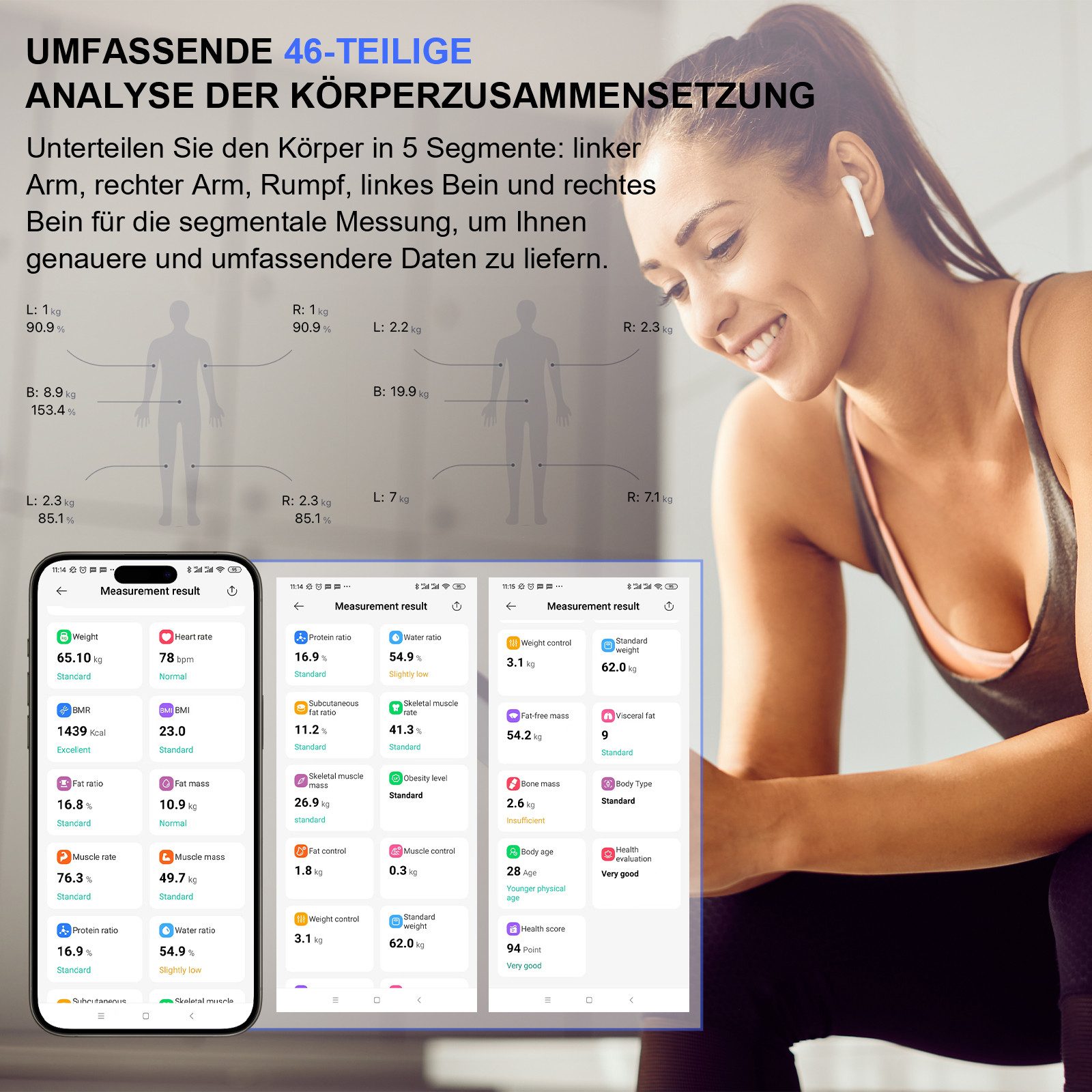 Healthkeep Körper-Analyse-Waage Smartwaage mit 8 Elektroden 56 Präzise Körpermessungen WiFi /Bluetooth, ITO-Panel USB-C Aufladung, App für Android & iOS, bis 18 – Bild 5 von 5