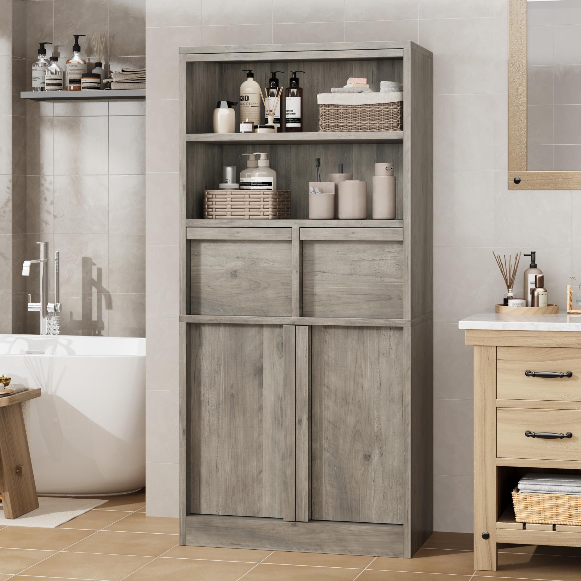 GarveeMore Badkommode Badezimmerschrank Badschrank mit 2 Schubladen 60x30x130