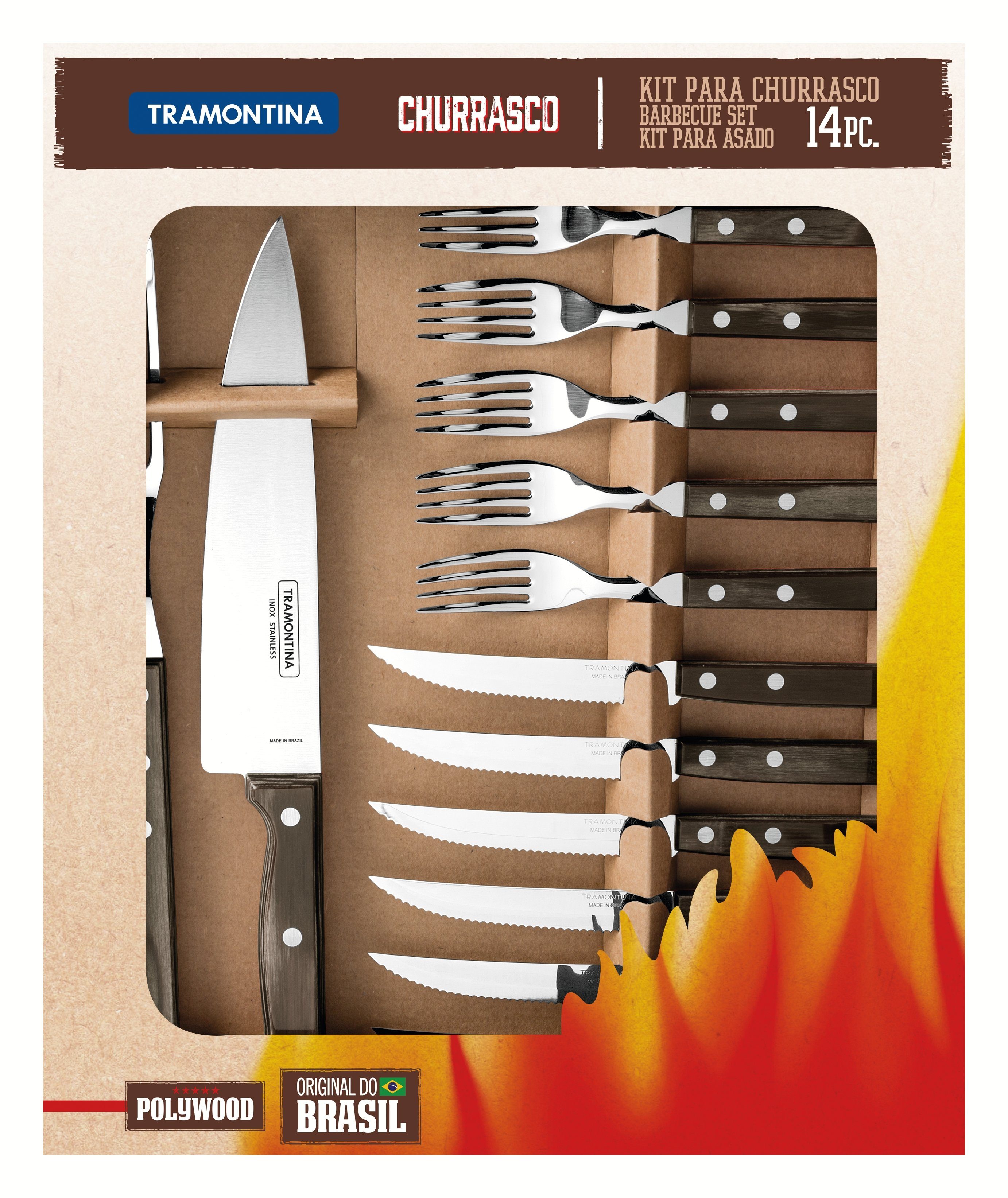Tramontina Steakbesteck CHURRASCO für 6 Personen (14-tlg), 6 Personen, Edelstahl, inkl. Tranchierbesteck, rostfreier Edelstahl, spülmaschinenfest