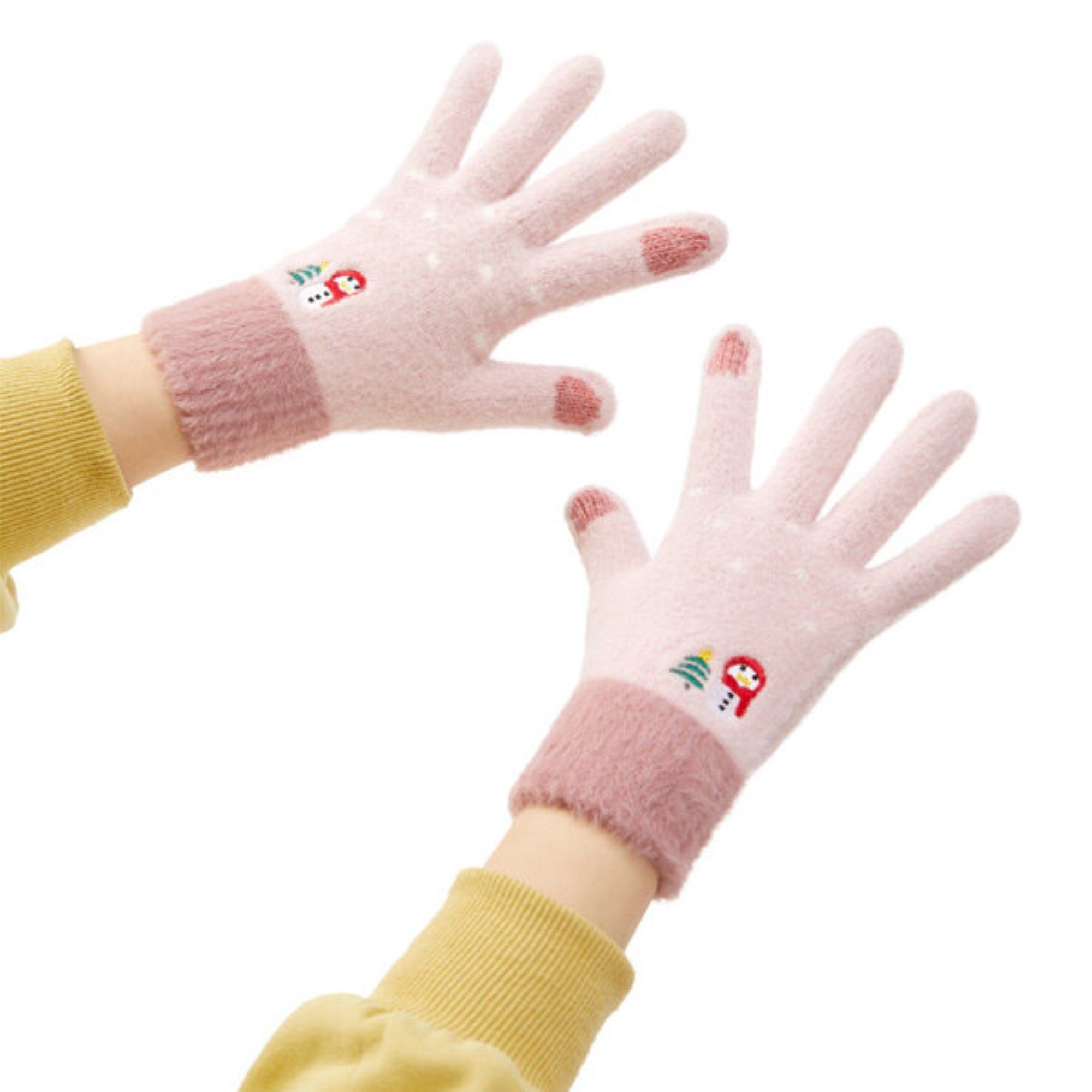 COFI 1453 Fäustlinge Winter-Telefonhandschuhe für Damen mit Schneemann und Weihnachtsbaum Rosa