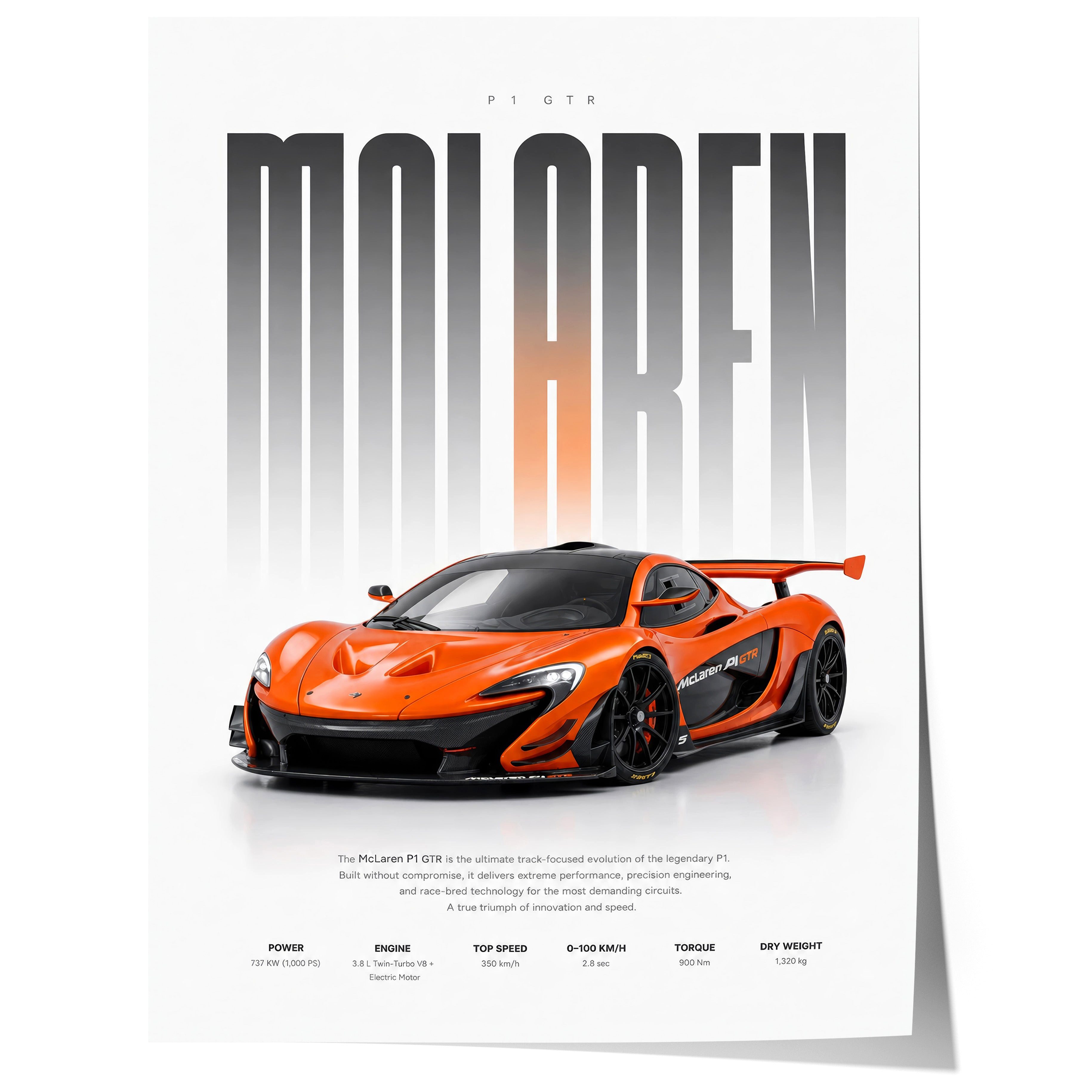 JUSTGOODMOOD Poster Oranger Rennwagen Geschenkidee Motorsport Wandbild Deko Print ohne Rah, (1 St)