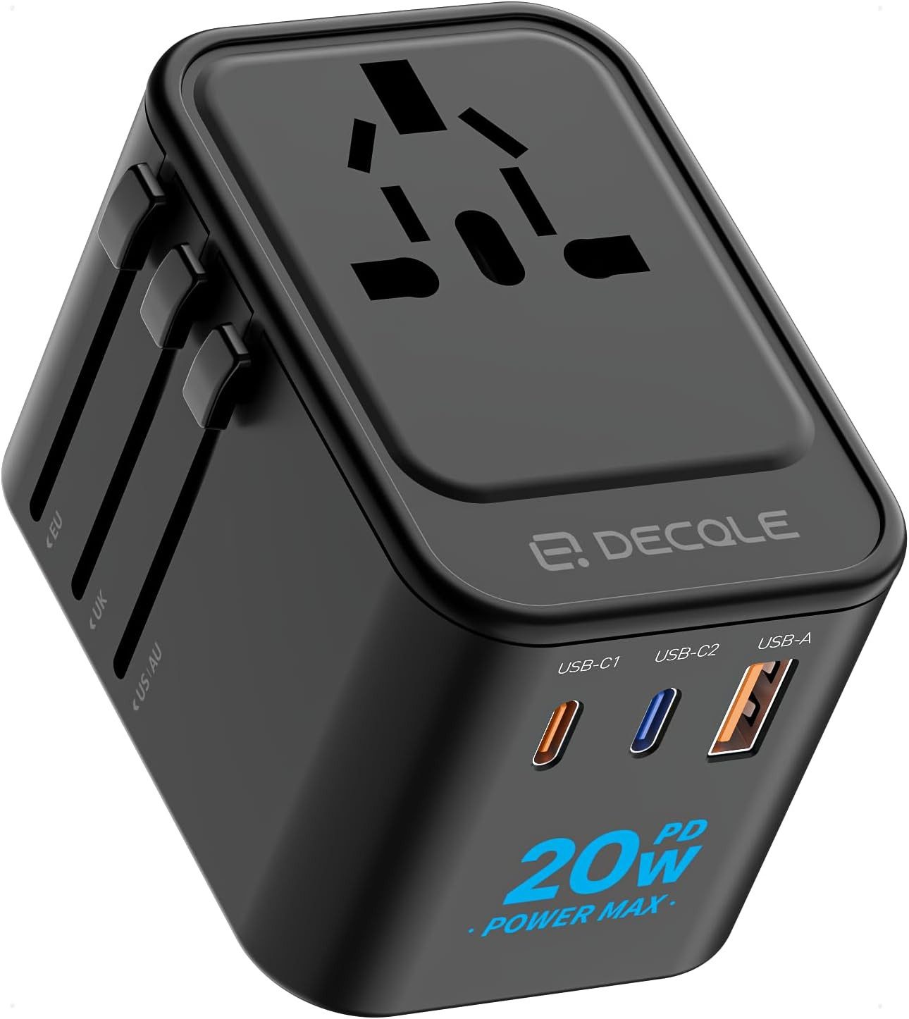 LaCute Universal Reiseadapter Weltweit mit USB-C PD 20W Ladefunktion Reiseadapter EU, AU, UK, US zu AC Steckdose, USB-C PD 20W, 3 USB Anschlüsse, 4 Steckertypen, weltweit nutzbar