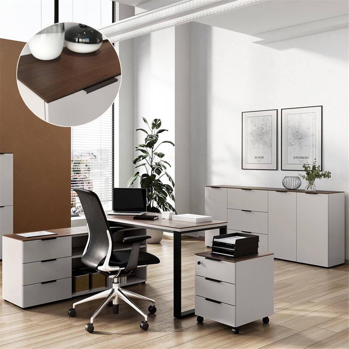 Lomadox Schreibtisch CHOLET-01, Winkelschreibtisch mit Sideboard Kaschmir beige mit Nussbaum Nb.