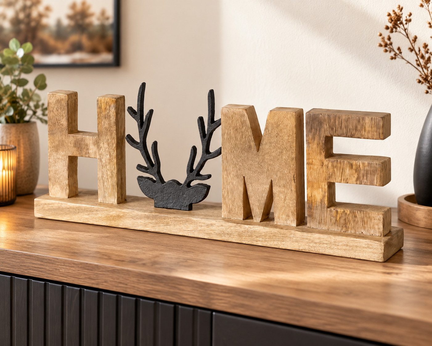 MF Deko-Schriftzug Dekoaufsteller Vilbert HOME mit Hirschmotiv Natur Schwarz 46,5 cm (1 St)