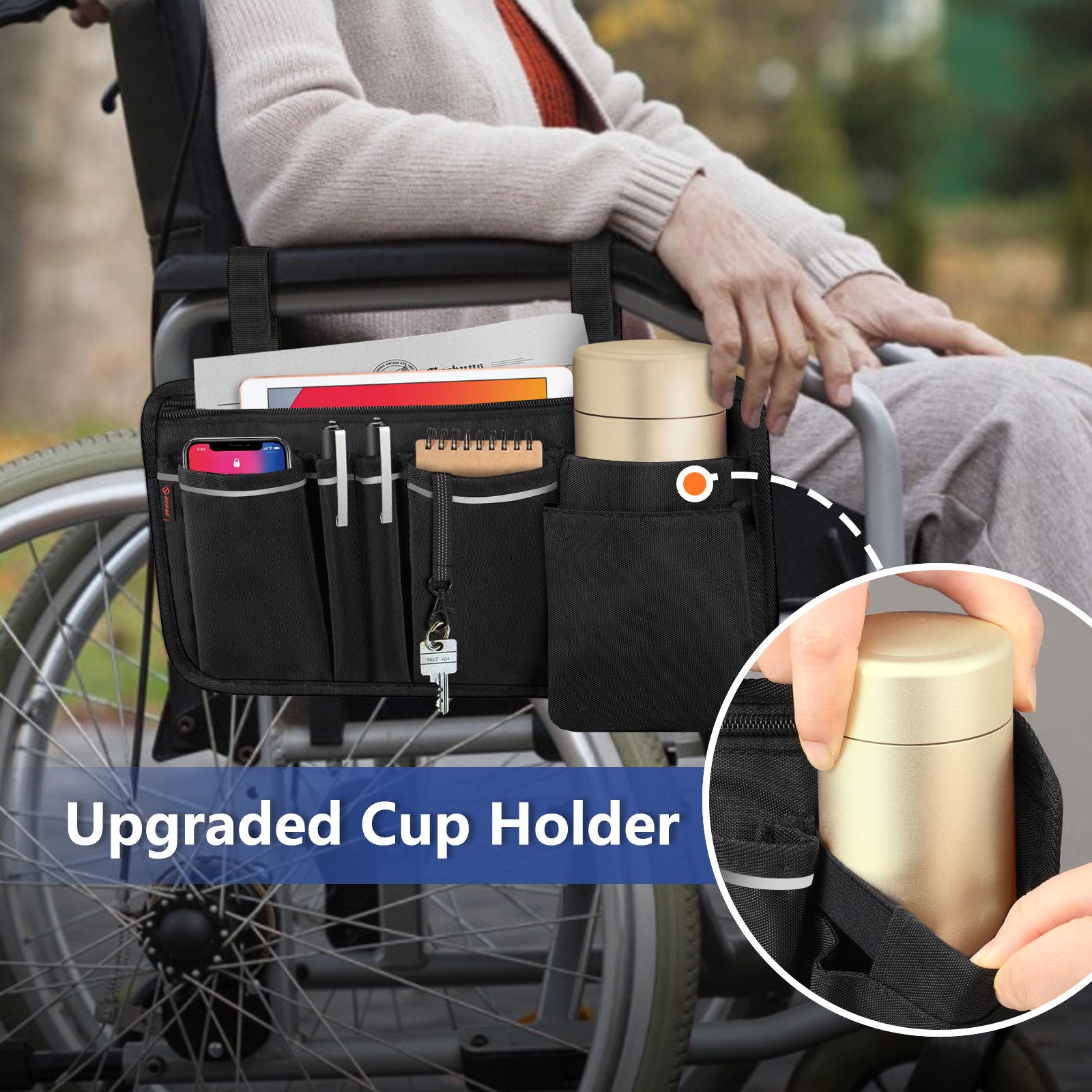 Fintie Rollstuhltasche für Armlehne-Rollstuhlsack mit Flaschenhalter, reflektierende Streifen, Tasche für Rollator, Rollstuhl, Kinderwagen, Walker, Mobility Sco – Bild 4 von 5