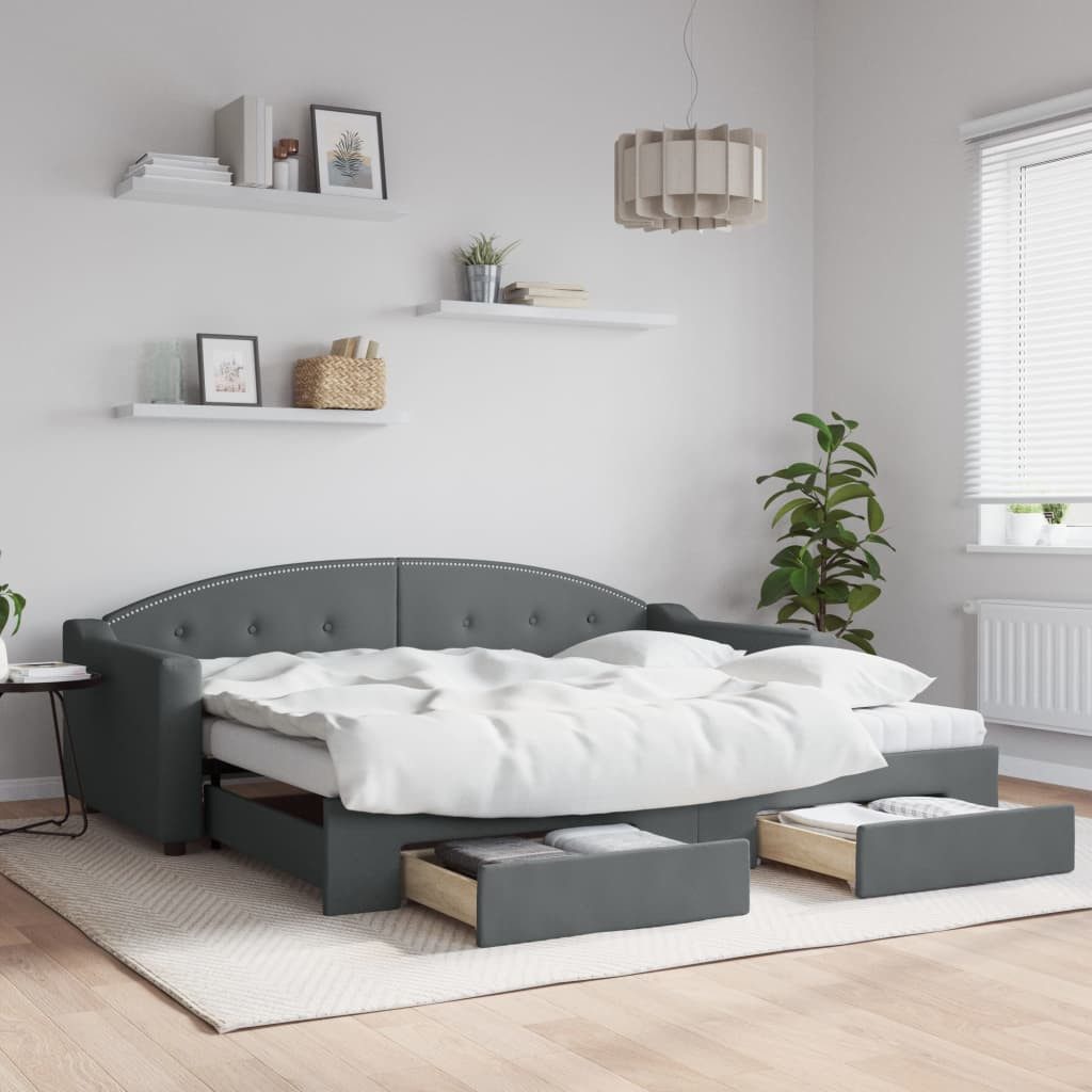 vidaXL Daybed, Tagesbett Ausziehbar mit Schubladen Dunkelgrau 90x200 cm Stoff
