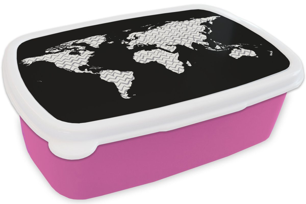 MuchoWow Lunchbox Kunststoff Erwachsene, Brotdose - rosa für Mädchen, Brotbox (2-tlg), Kinder, Weiß - Weltkarte Grau, Snackbox, Kunststoff,