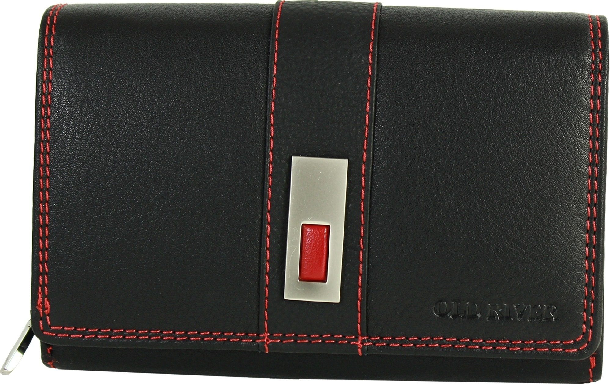 Old River Geldbörse Old River Kellnerbörse Portemonnaie (Portemonnaie), Damen Echtleder Geldbörse Размер ca. 15cm, schwarz, rote Ziernähte