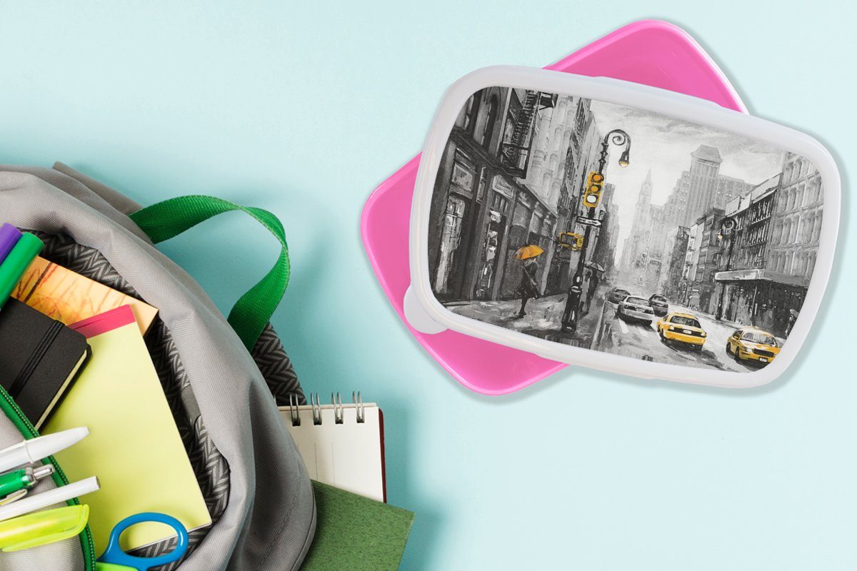 Brotdose Gemälde Stadt Kunststoff Snackbox, Kunststoff, für - (2-tlg), Mädchen, Lunchbox Auto, MuchoWow Kinder, rosa Erwachsene, Brotbox - - Ölfarbe