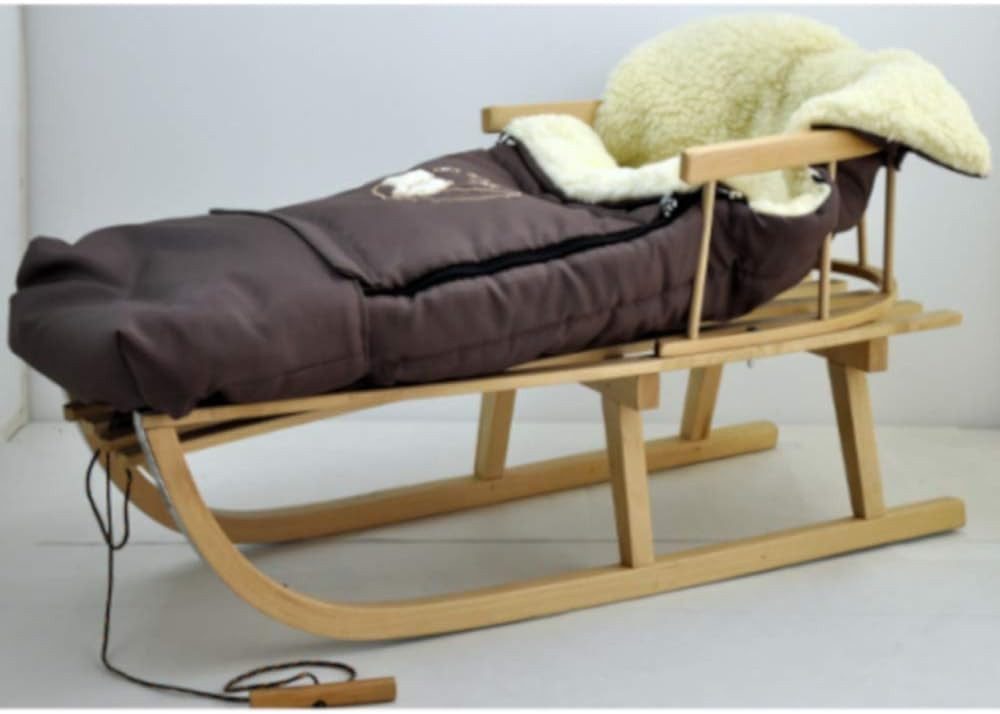 GOLDKIDS Rodel Holzschlitten Kinderschlitten aus Buchenholz (Rückenlehne inkl. Zugseil + Winterfußsack, Schlittensack Fußsack mit), Reißverschluss 40/110 cm Schlitten Metallkufen