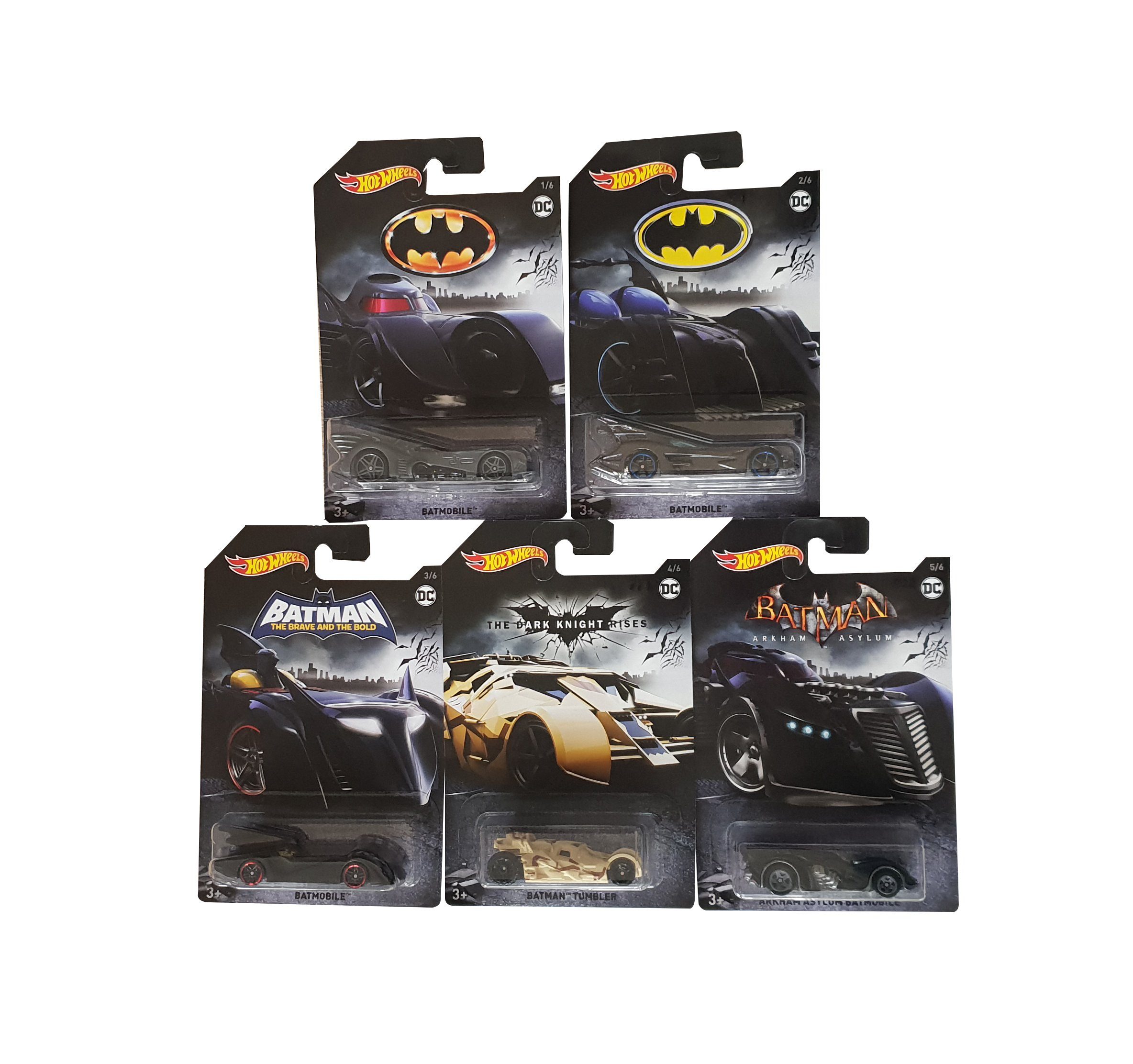 Hot Wheels Spielzeug-Auto Hot Wheels Batman Batmobile 5 verschiedene Fahrzeu, (Set, 5-tlg., 1/5 Batmobile Rote Felge "Batman The Brave and The Bold" 2/5 Arkham Asylum Batmobile "Batman Arkham Asylum" 3/5 Batmobile Blaue Felge 4/5 Batmobie Graue Felge 5/5 Batman Tumbler "Batman The Dark Knight Rises)