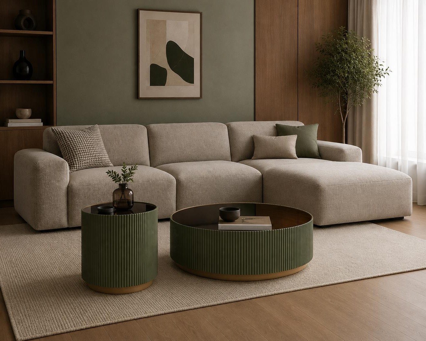 Xlmoebel Couchtisch Rundes Grünes Couchtisch-Set aus Holz mit geriffelter Oberfläche, Made in Europa