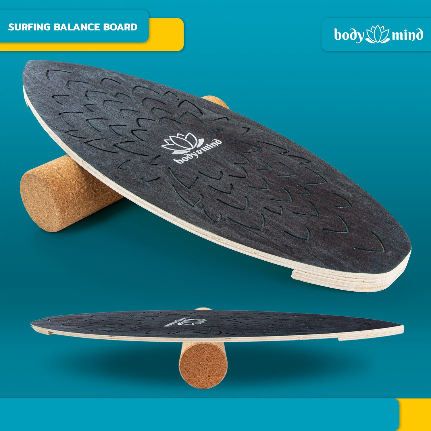 Body & Mind Balanceboard Surf Balance Board – Holz Wackelbrett mit Korkrolle + Ständer & E‑Book, Trainiert Gleichgewicht & Koordination