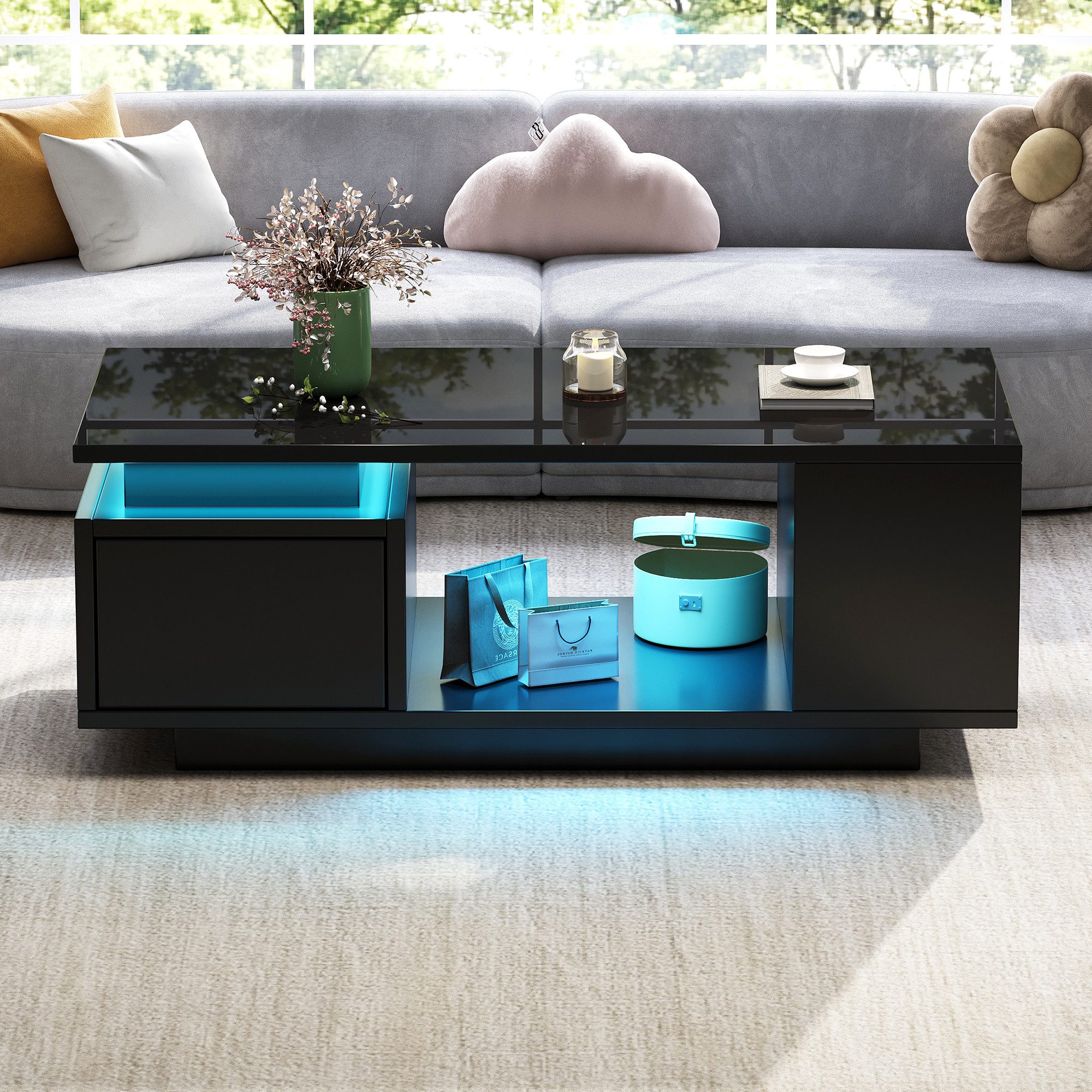 Merax Couchtisch hochglanz Sofatisch Beistelltisch mit LED-Beleuchtung (1-St), Wohnzimmertisch mit Schublade & seitlichem Stauraum, 100x50x36cm