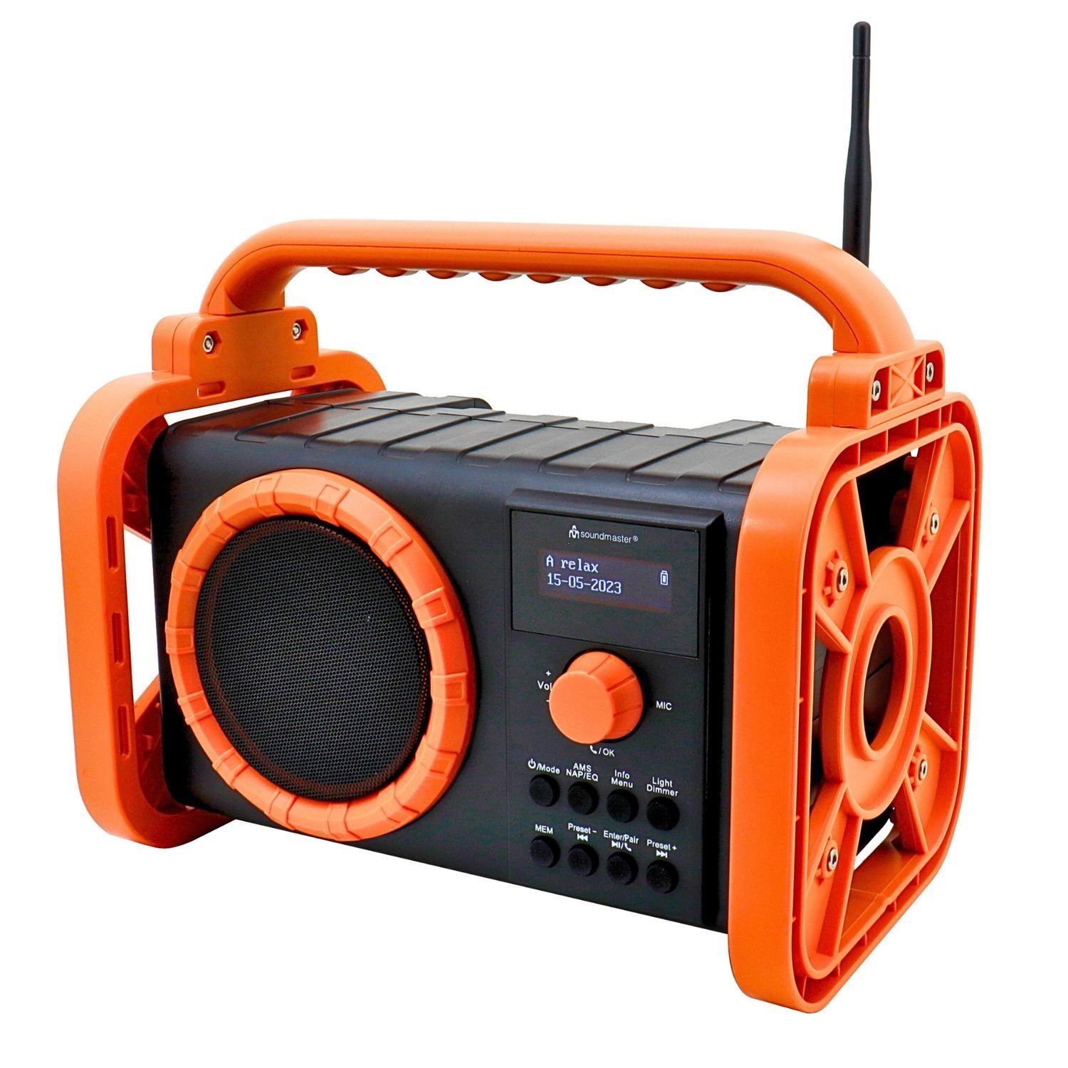 Soundmaster DAB80OR Baustellenradio DAB+ Bluetooth Akku IP44 spritzwassergeschützt Baustellenradio (DAB+, MW, PLL-UKW, FM, 5 W, Baustellenradio, ABS-Gehäuse, IP44 Spritzwasserschutz, LED Lampe, Akku)