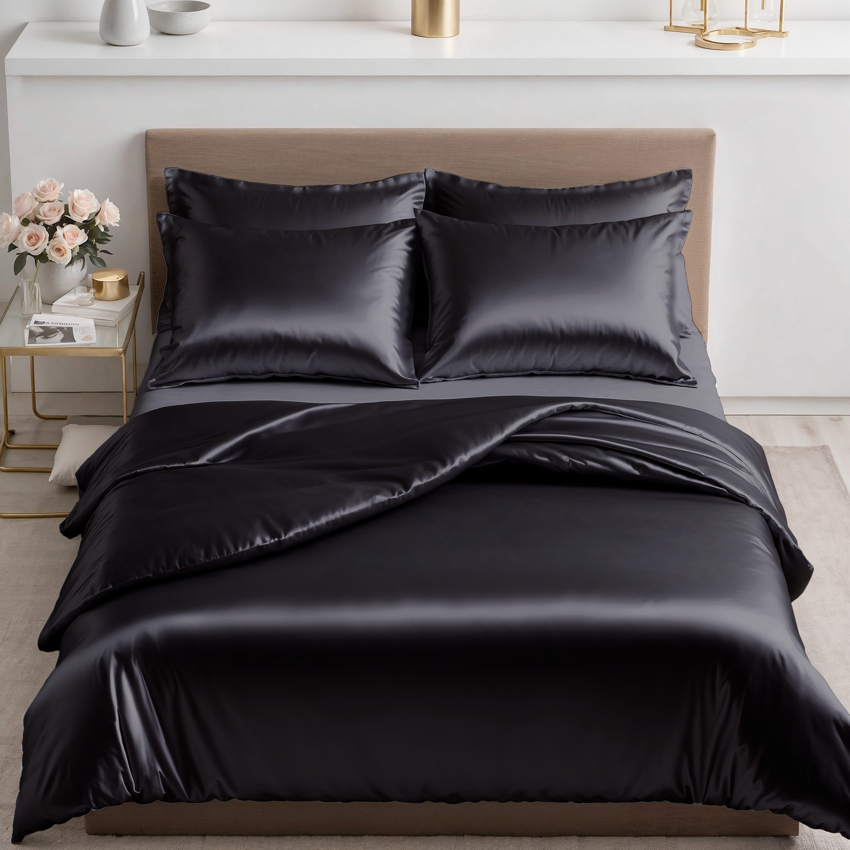 Cozyor Bettwäsche Satin glänzend 135x200, 155x200, 155x220, 200x200cm mit Reißverschluss, Satin, schwarz Eclipse, 3 teilig, Edel und hochwertig