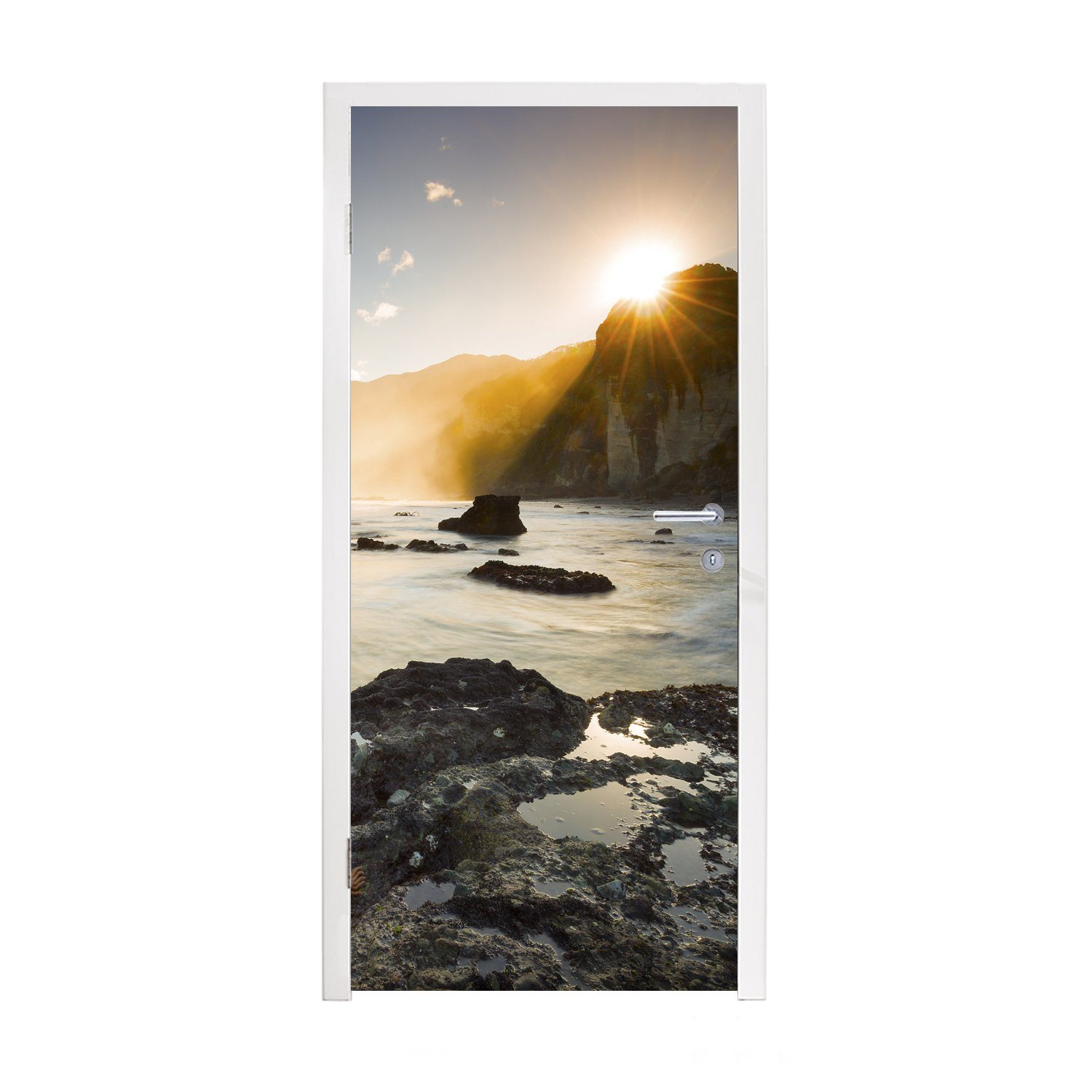 MuchoWow Türtapete Sonnenaufgang am Strand in Neuseeland, Matt, bedruckt, (1 St), Fototapete für Tür, Türaufkleber, 75x205 cm