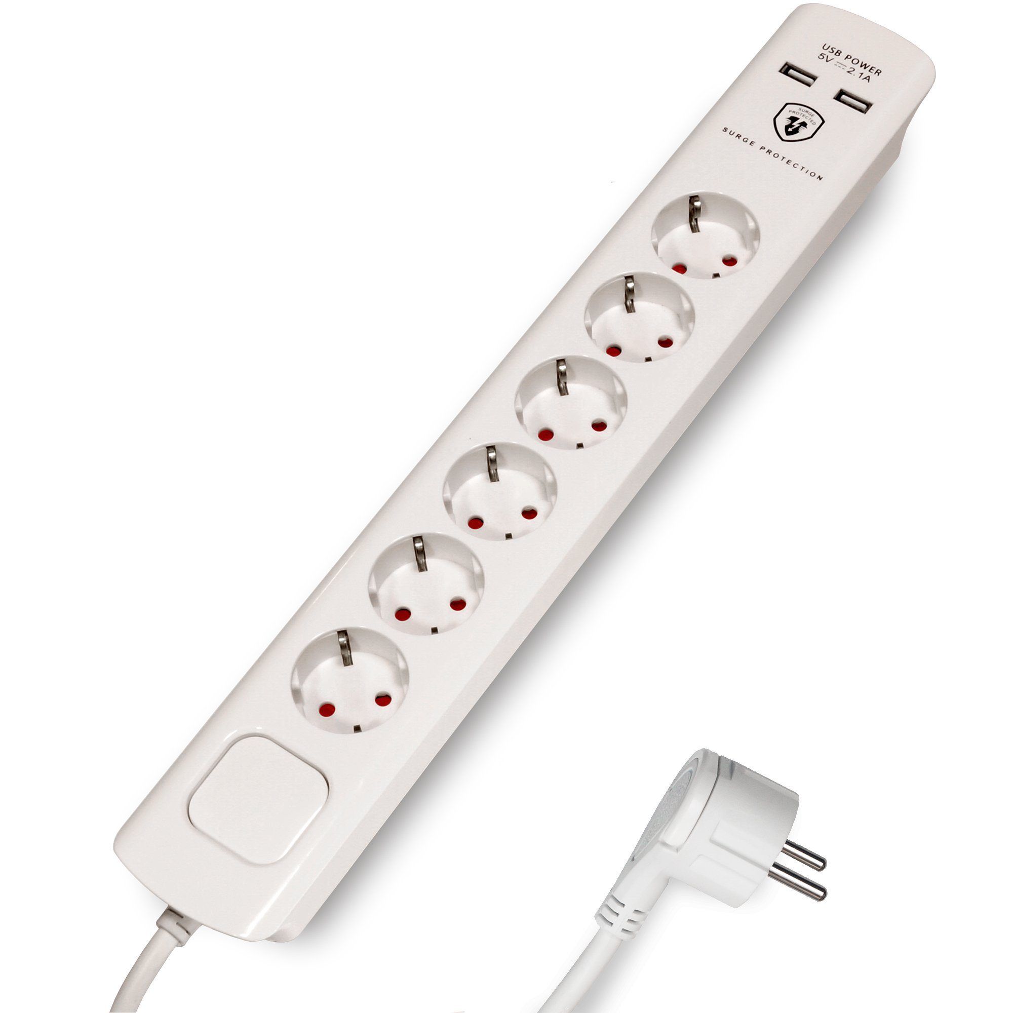FeinTech Mehrfachsteckdose 6-fach (Ein- / Ausschalter, Schalterbeleuchtung, USB-Anschlüsse, Überspannungsschutz, Kabellänge 1.5 m), Flachstecker
