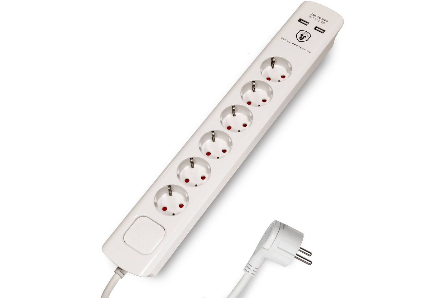 FeinTech Mehrfachsteckdose 6-fach (Ein- / Ausschalter, Schalterbeleuchtung, USB-Anschlüsse, Überspannungsschutz, Kabellänge 1.5 m), Flachstecker