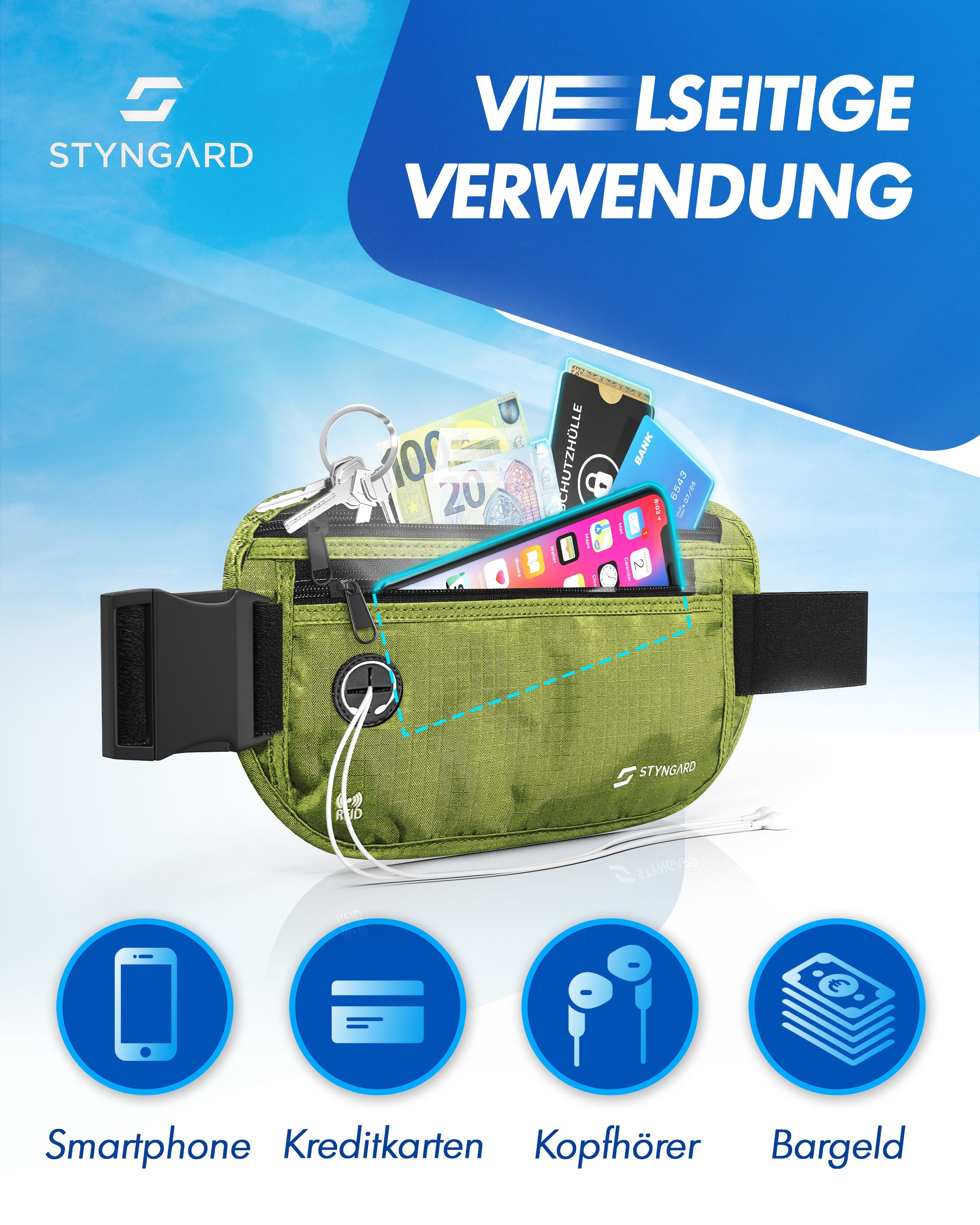 Styngard Bauchtasche Madrid, Flache Bauchtasche Diebstahlsicher RFID Schutz