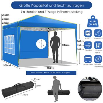 LUCKZON Faltpavillon 3x3m, Pop Up Pavillon Faltbar, Wasserdicht Gartenzelt, UV-Schutz 50+, mit 4 Seitenteilen, LxBxH: 300x300x250 cm, Pavillons & Partyzelte Festzelt mit 4 Seiten