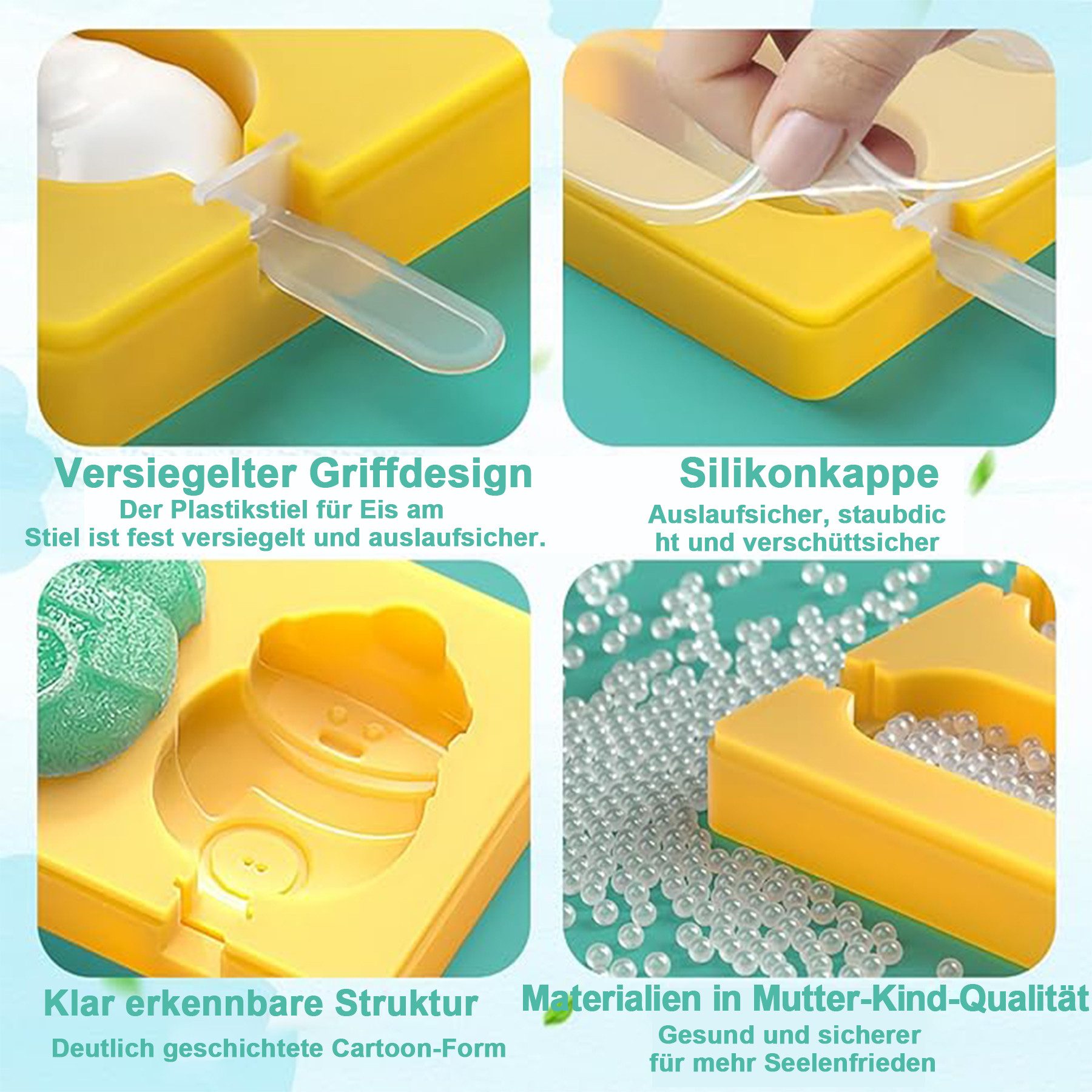 Mutig Eisform Eisformen Kinder Silikon, 4 Stück Eisformen Eis am Stiel Silikon, (DIY Eis am Stiel Formen, wiederverwendbar 4-tlg), BPA Frei, Ice Lolly Mold Popsicle Set für Kinder und Erwachsene