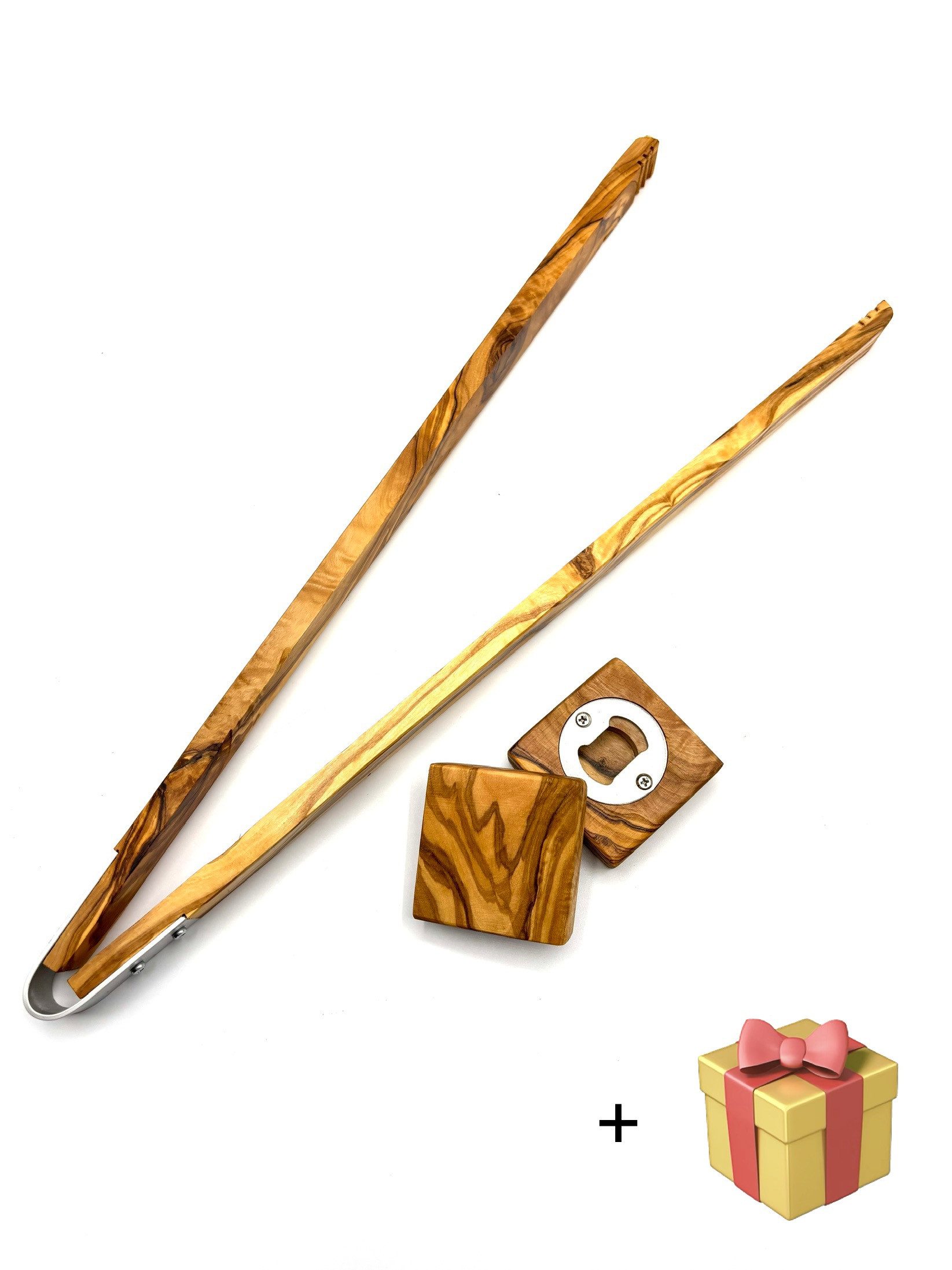 Olivenholz-erleben Grillzange Grillzange Länge 42 cm plus Flaschenöffner PARTY aus Olivenholz, Grillzange aus hitzebeständigem Olivenholz und eckiger Flaschenöffner