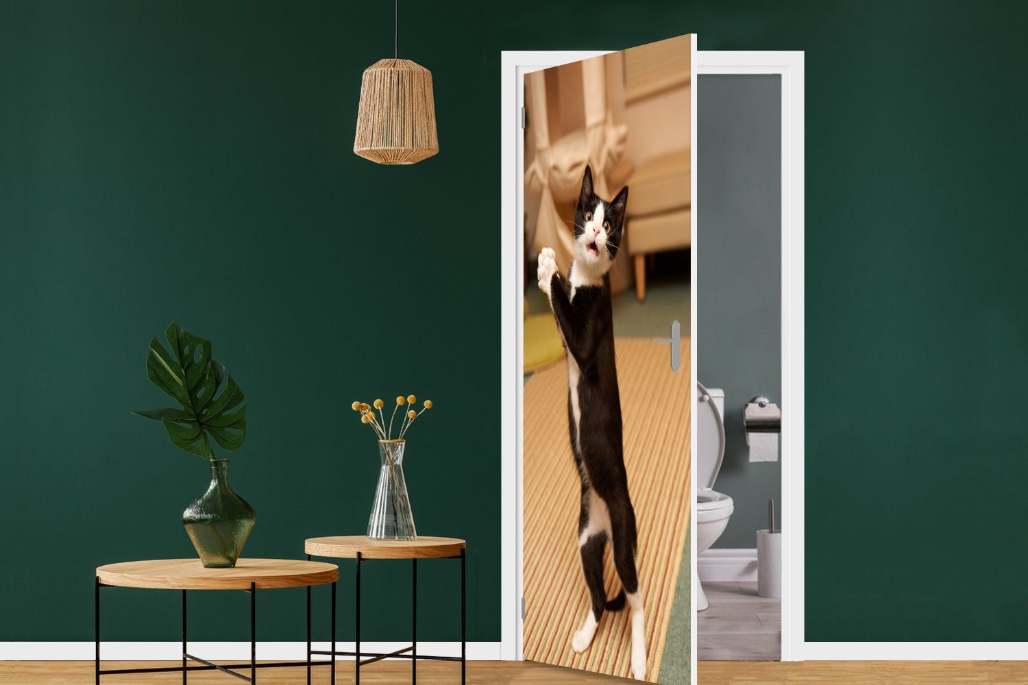 MuchoWow Türtapete Katze - Türaufkleber, (1 Schwarz, für Tür, 75x205 cm Wohnzimmer St), bedruckt, Fototapete - Matt