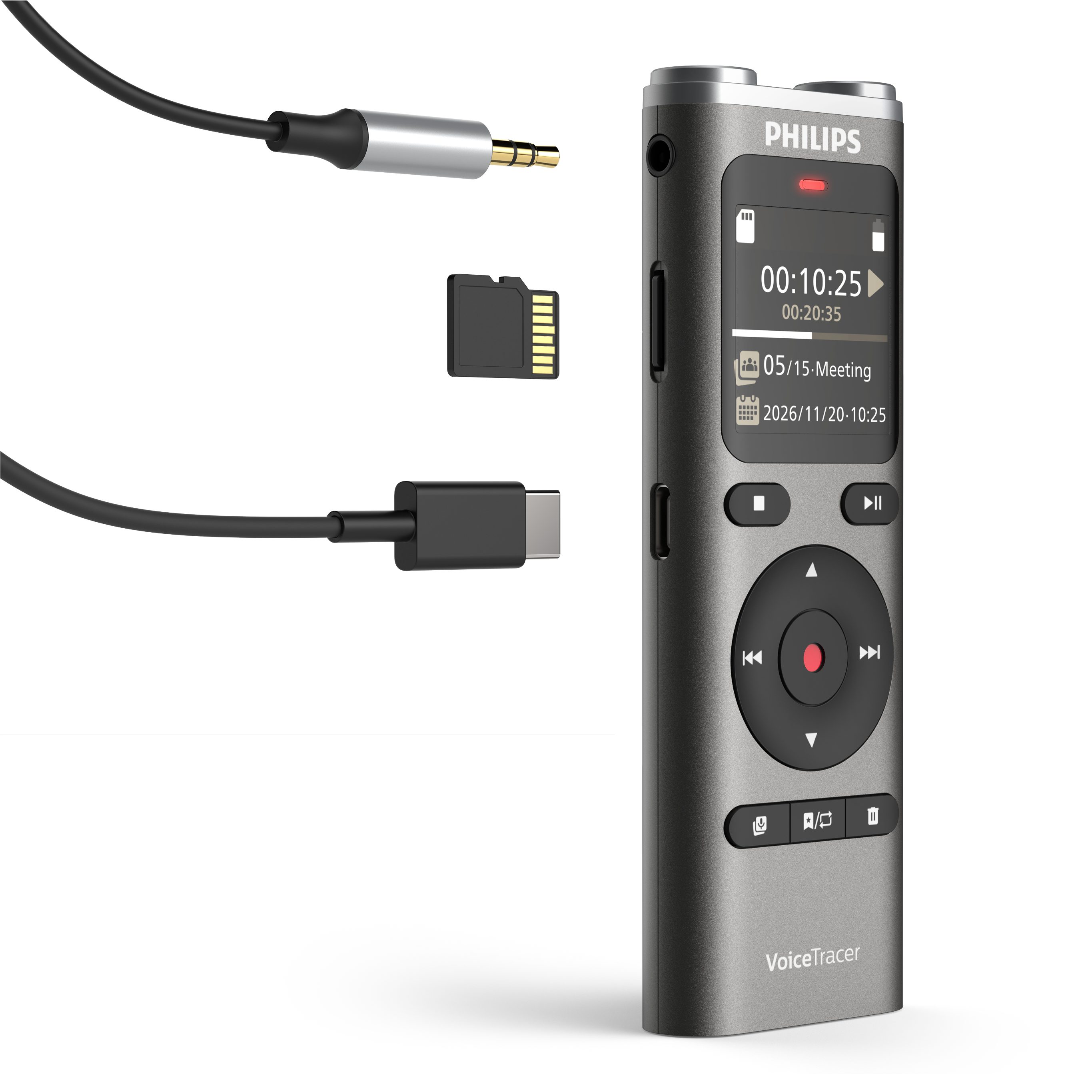 Philips DVT2075 VoiceTracer Audio-Recorder Digitales Diktiergerät (Stereo-MP3-/ PCM-Aufnahme, Sembly AI Spracherkennung, 8 GB, Akku) – Bild 5 von 5