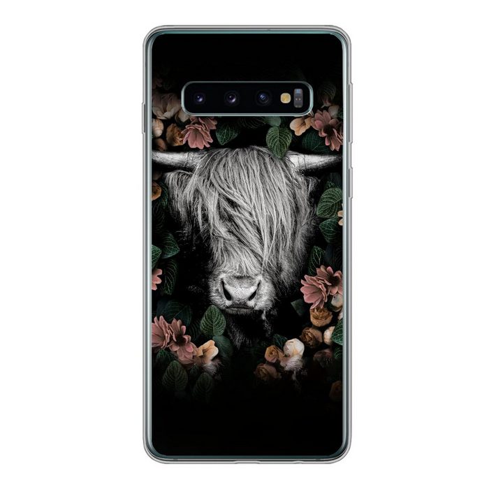 MuchoWow Handyhülle Schottischer Highlander - Blumen - Rosa Phone Case Handyhülle Samsung Galaxy S10 Silikon Schutzhülle