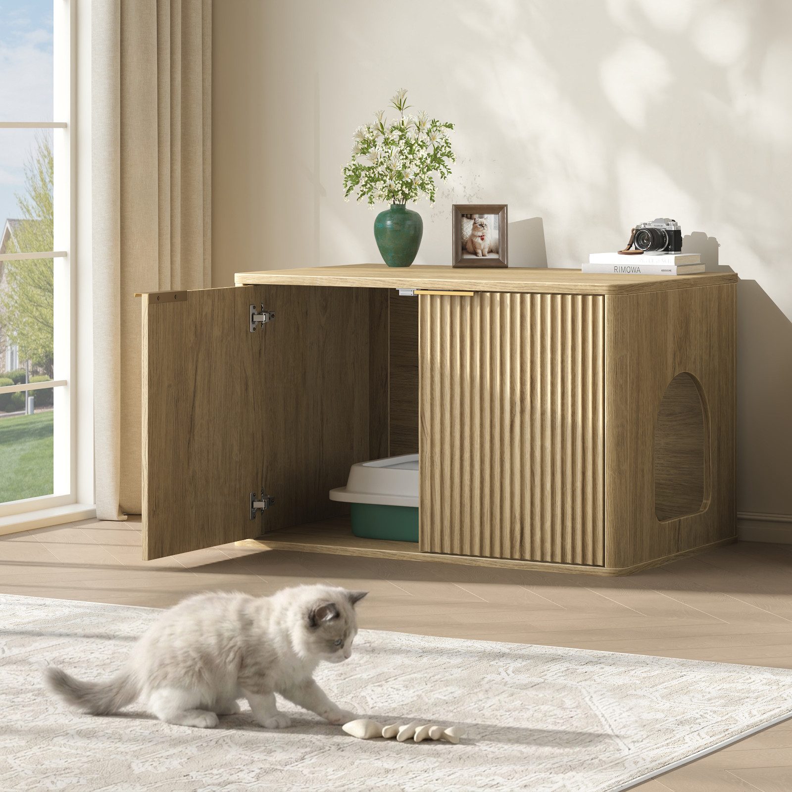 BlingBin Sideboard 80CM Beistelltisch Katzenklo-Schrank Katzenhaus mit Tür (1 Stück, 1 St., 80L x 50B x 50H cm), moderner Bohemia-Katzenhaus-Katzen-Beistelltisch für Wohnzimmer