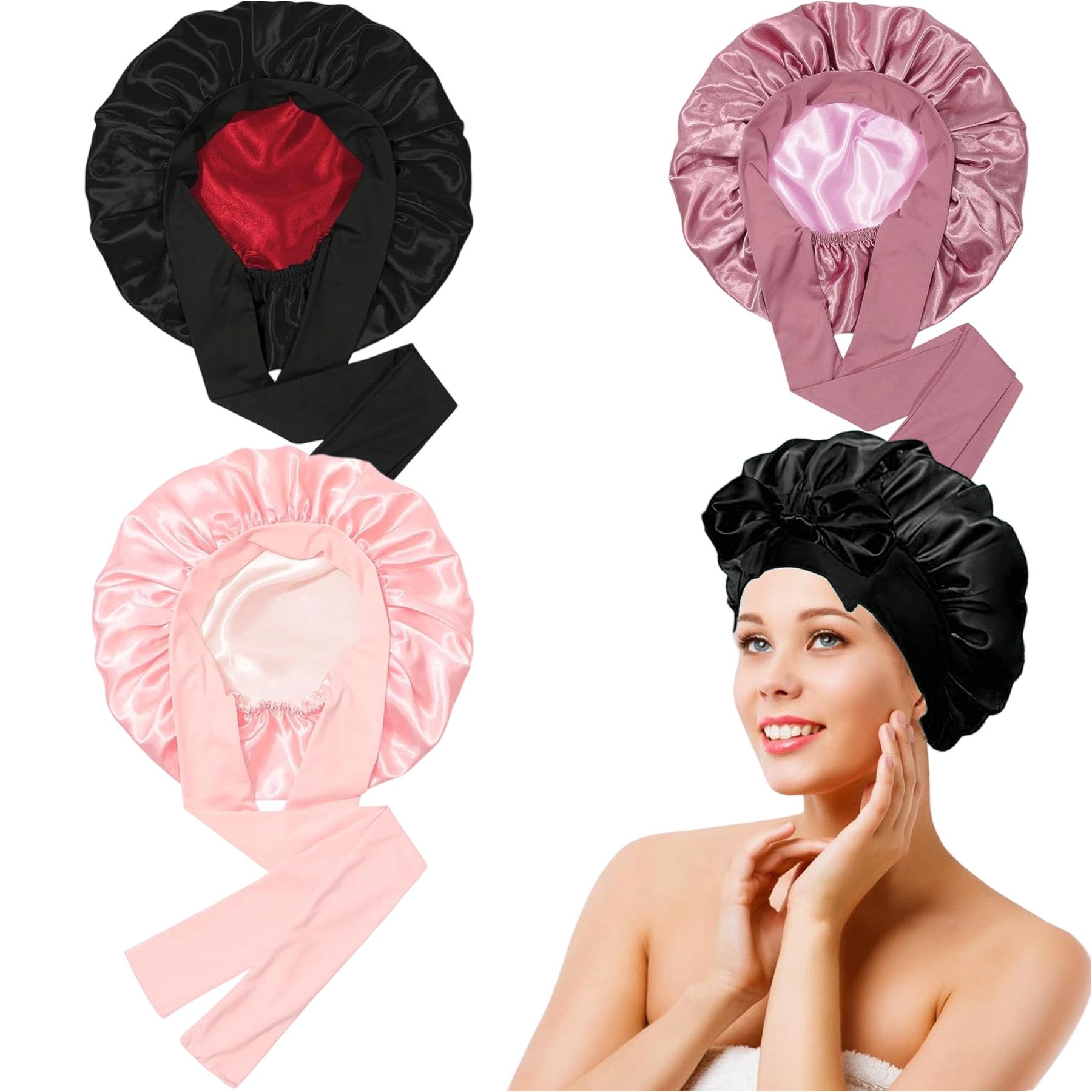 Mutig Duschhaube 3 Stück Satin Schlafhaube zum Schlafen (Doppelseitig Seidenhaube Zum Schlafen, Verstellbare Schlafmütze, 3 St), Haarhaube für Locken, Silk Bonnet für Damen und Mädchen
