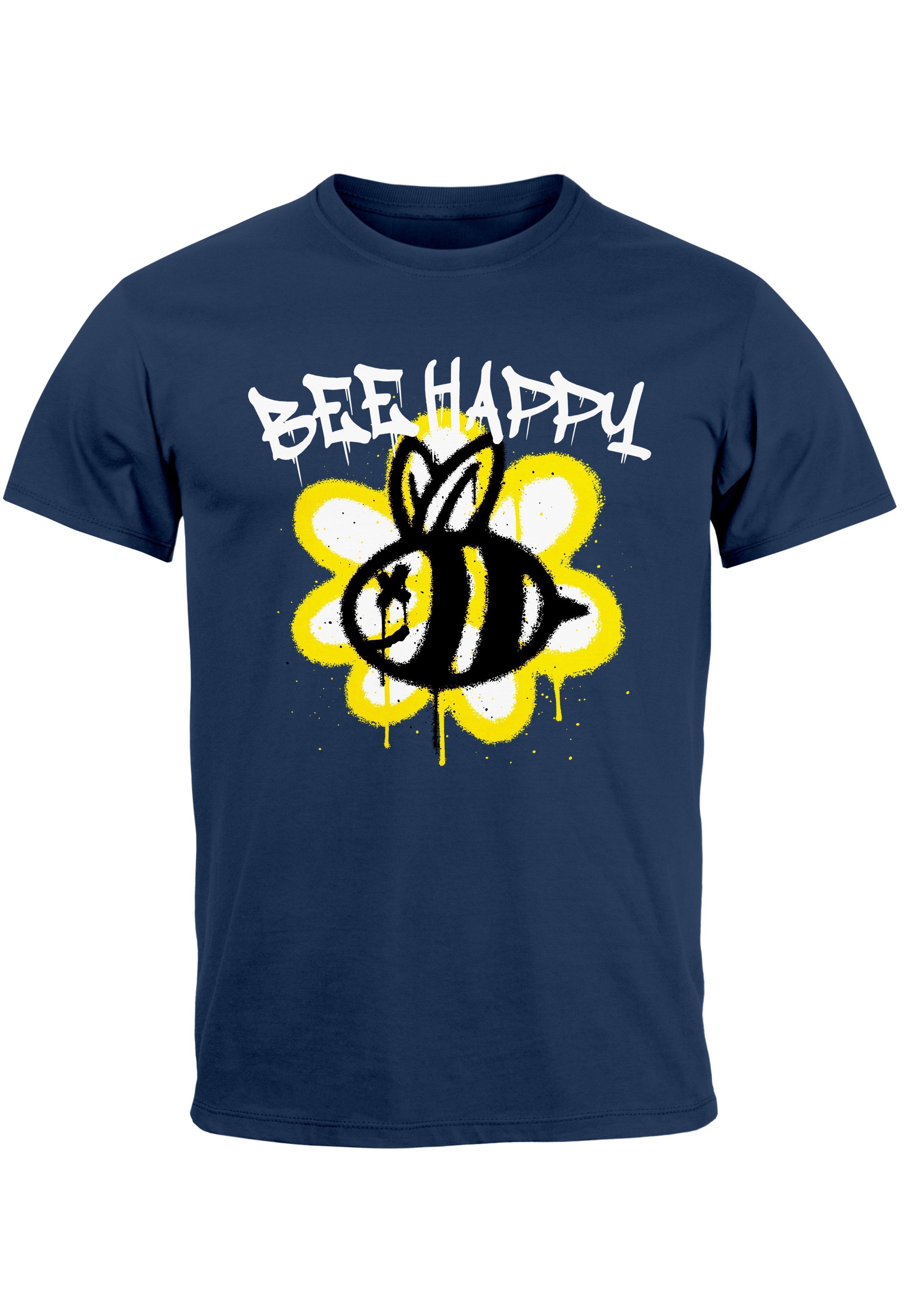 Neverless Print-Shirt Herren T-Shirt Aufdruck Bee Happy Biene Blume Graffiti SchriftzugFashi mit Print navy