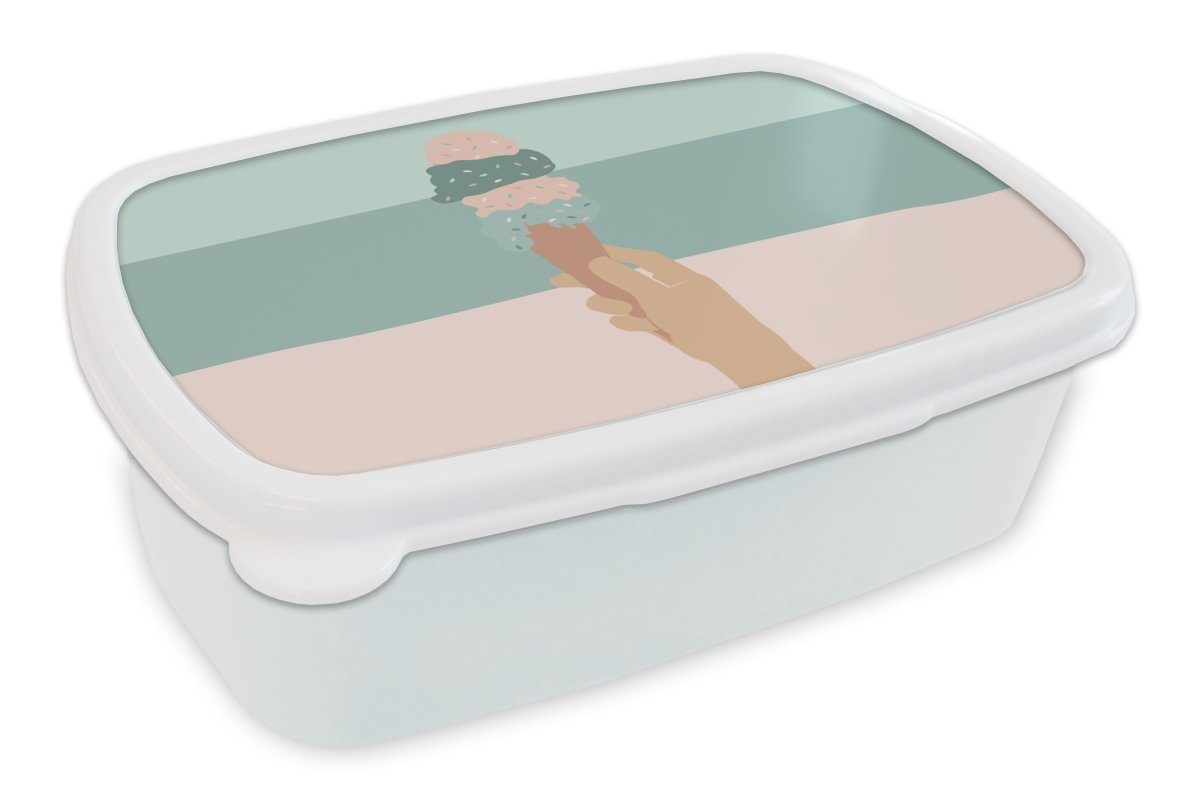 MuchoWow Lunchbox Sommer - Eiscreme - Hand, Kunststoff, (2-tlg), Brotbox für Kinder und Erwachsene, Brotdose, für Jungs und Mädchen weiß
