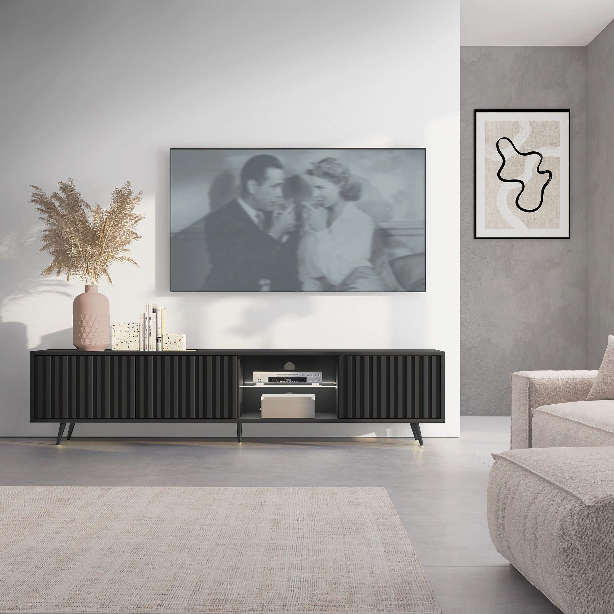 Selsey TV-Schrank BELLO mit schwarzen Füßen, Lamellenfronten und LED, 175 cm